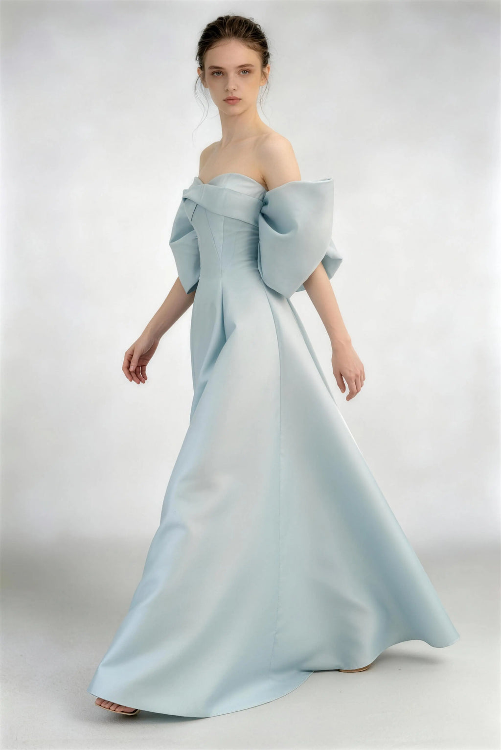 Phoehua Three‑Quarter View of Sky Blue Off‑Shoulder Satin Gown, 3D Bow Detail Sweetheart Corset A‑Line Floor‑Length Formal Dress