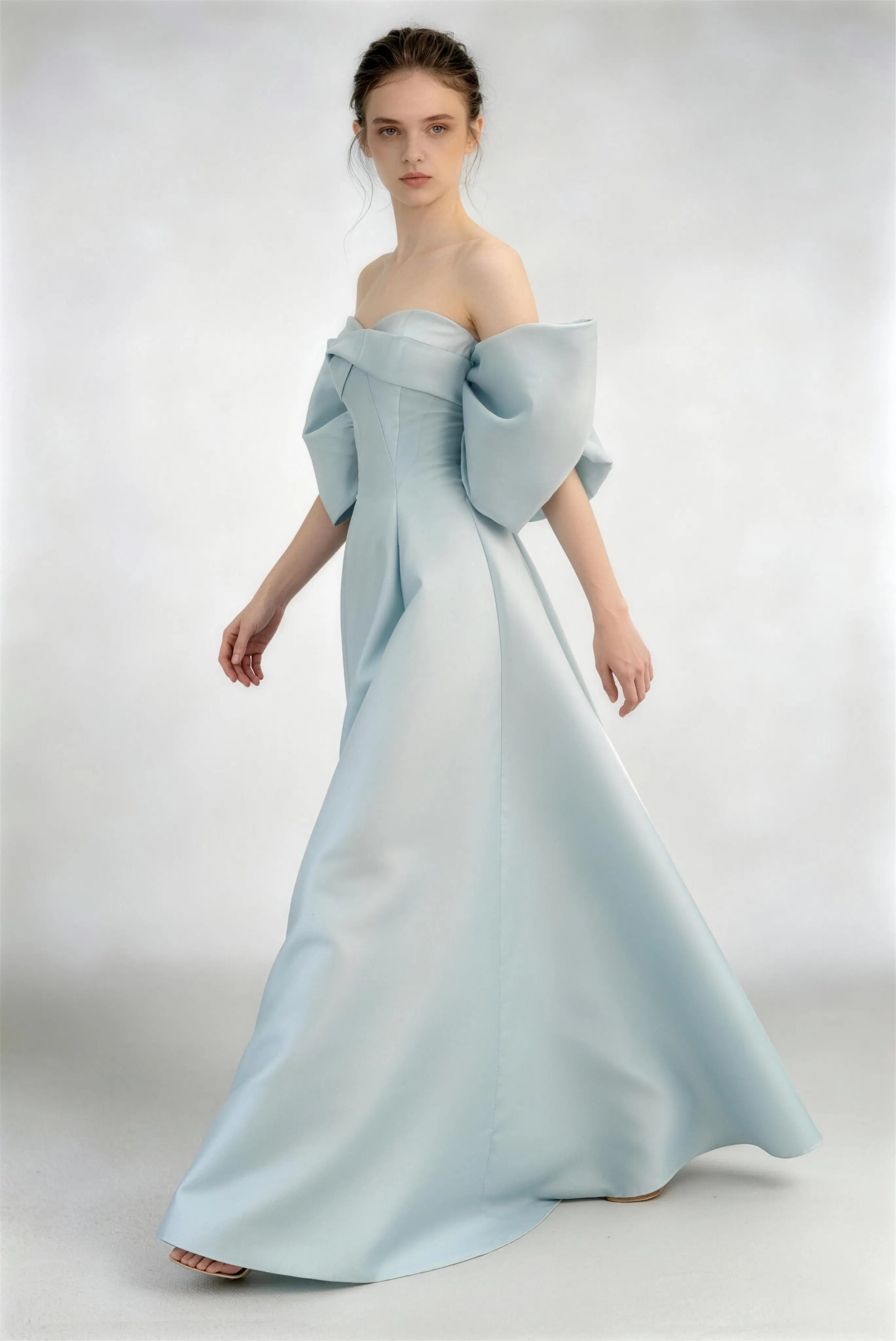 Phoehua Three‑Quarter View of Sky Blue Off‑Shoulder Satin Gown, 3D Bow Detail Sweetheart Corset A‑Line Floor‑Length Formal Dress