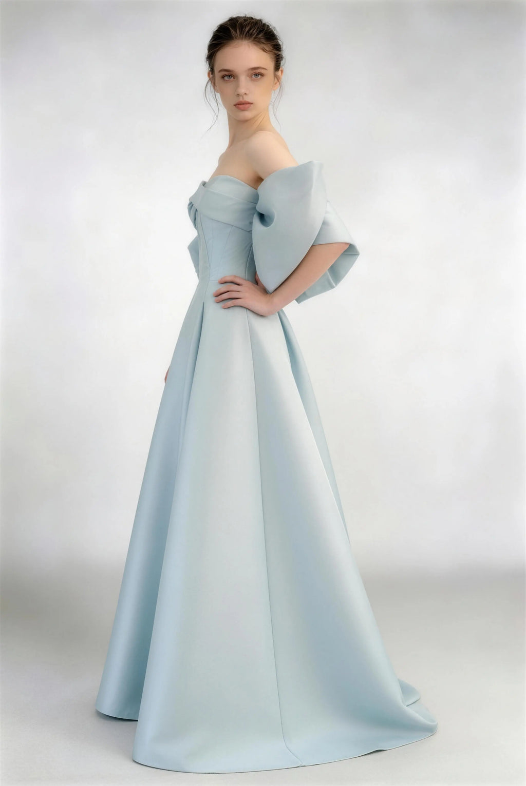 Phoehua Side View of Sky Blue Off‑Shoulder Bow Evening Gown, High‑End Satin Corset A‑Line Formal Wedding Guest Dress