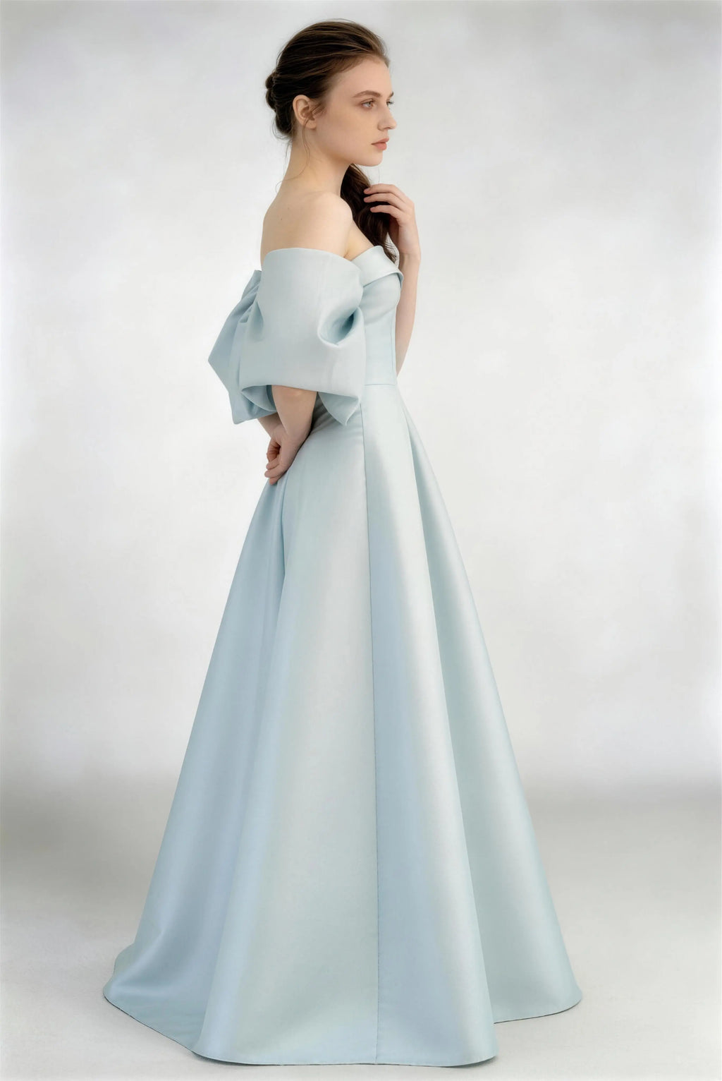 Sky Blue Off‑Shoulder Bow Satin Evening Gown