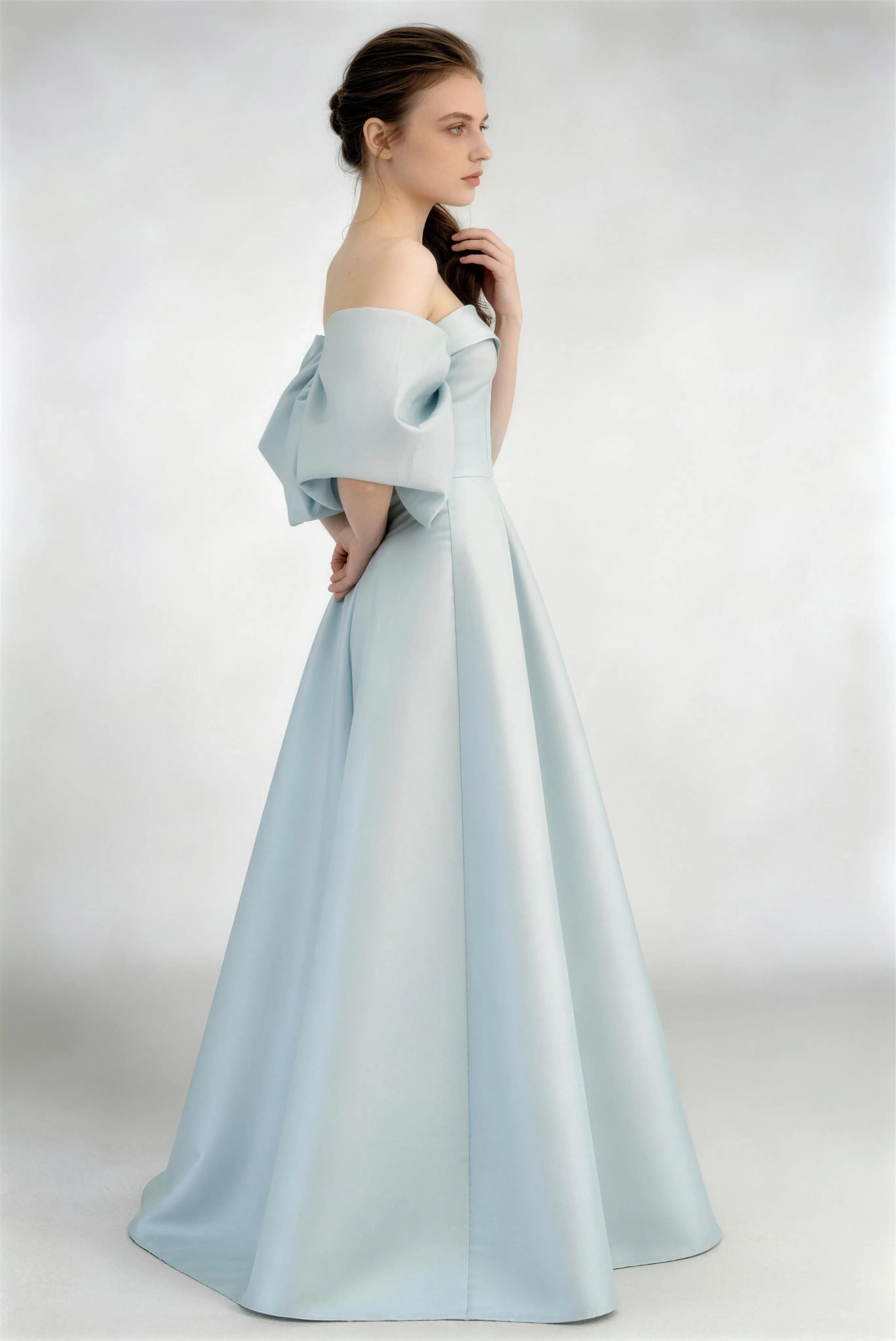 Sky Blue Off‑Shoulder Bow Satin Evening Gown