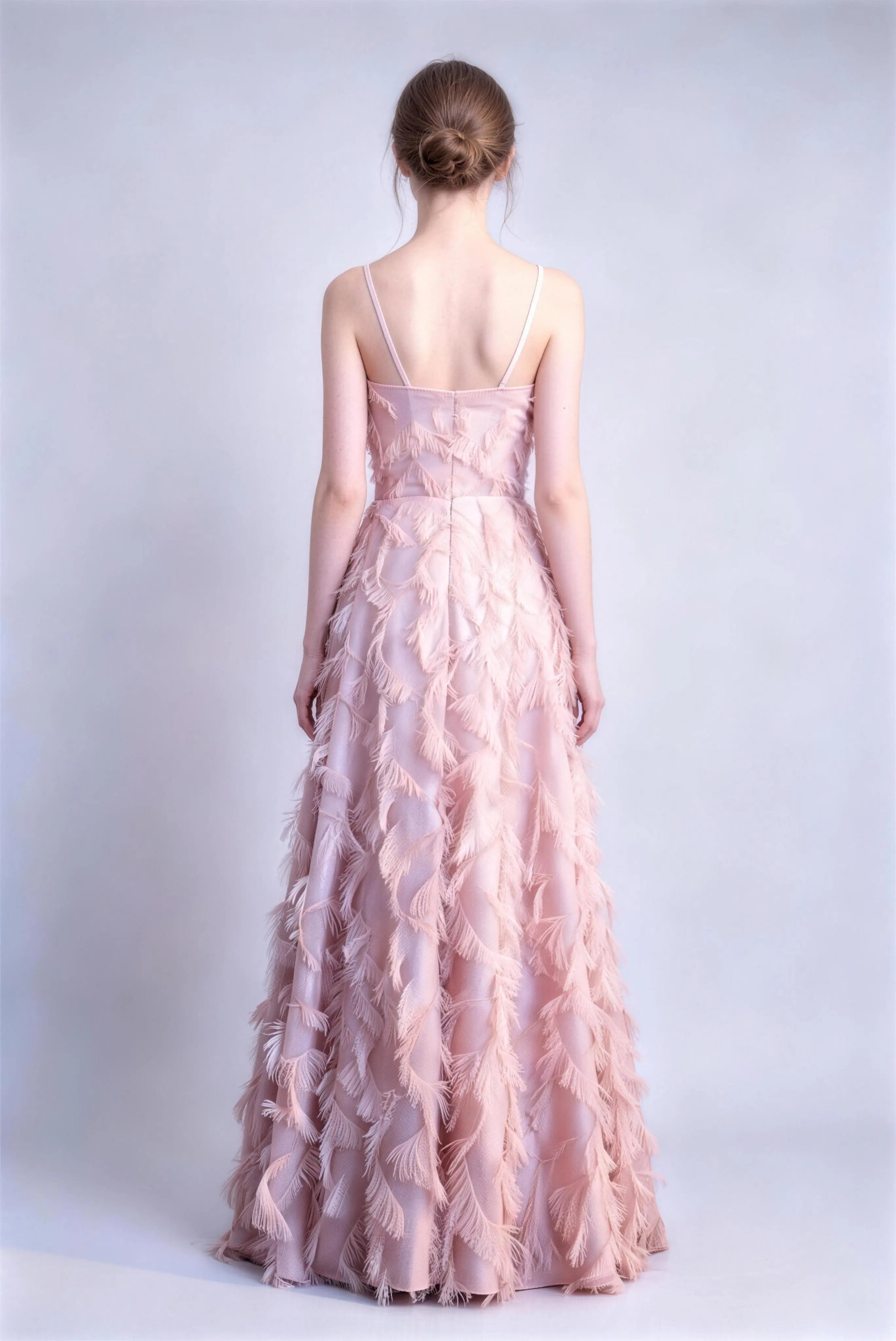 Phoehua Back View of Pink 3D Feather Tassel Dress, Spaghetti Strap Deep V High Waist A‑Line Floor‑Length Formal Evening Gown
