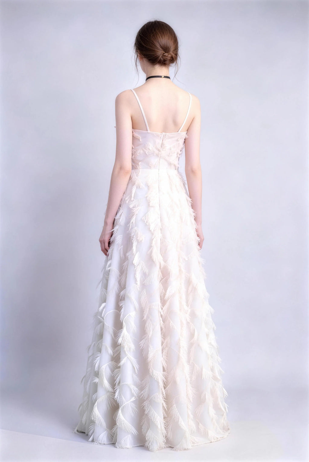 Phoehua Back View of White 3D Feather Tassel Dress, Spaghetti Strap Deep V High Waist A‑Line Formal Evening Gown