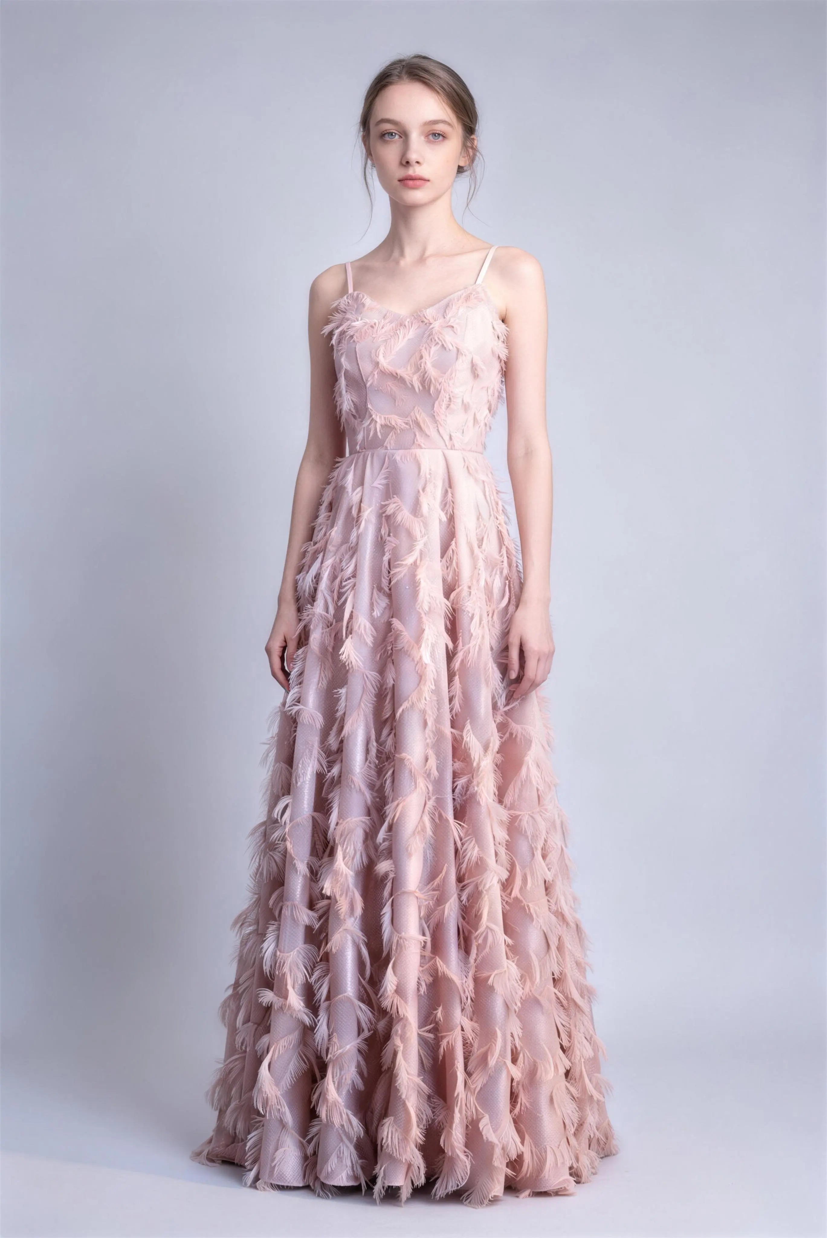Phoehua Pink 3D Feather Tassel A‑Line Floor‑Length Evening Gown, Front View Spaghetti Strap High Waist Formal Wedding Guest Dress