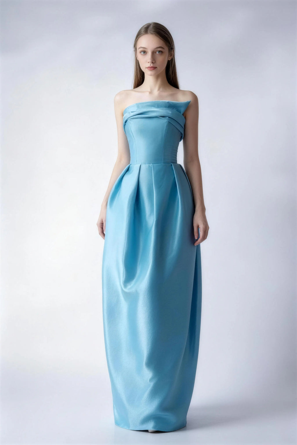 Phoehua Lake Blue Strapless Draped Satin Formal Evening Gown, Front View High Waist 3D Tailored Long Dress