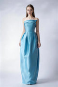 Phoehua Lake Blue Strapless Draped Satin Formal Evening Gown, Front View High Waist 3D Tailored Long Dress