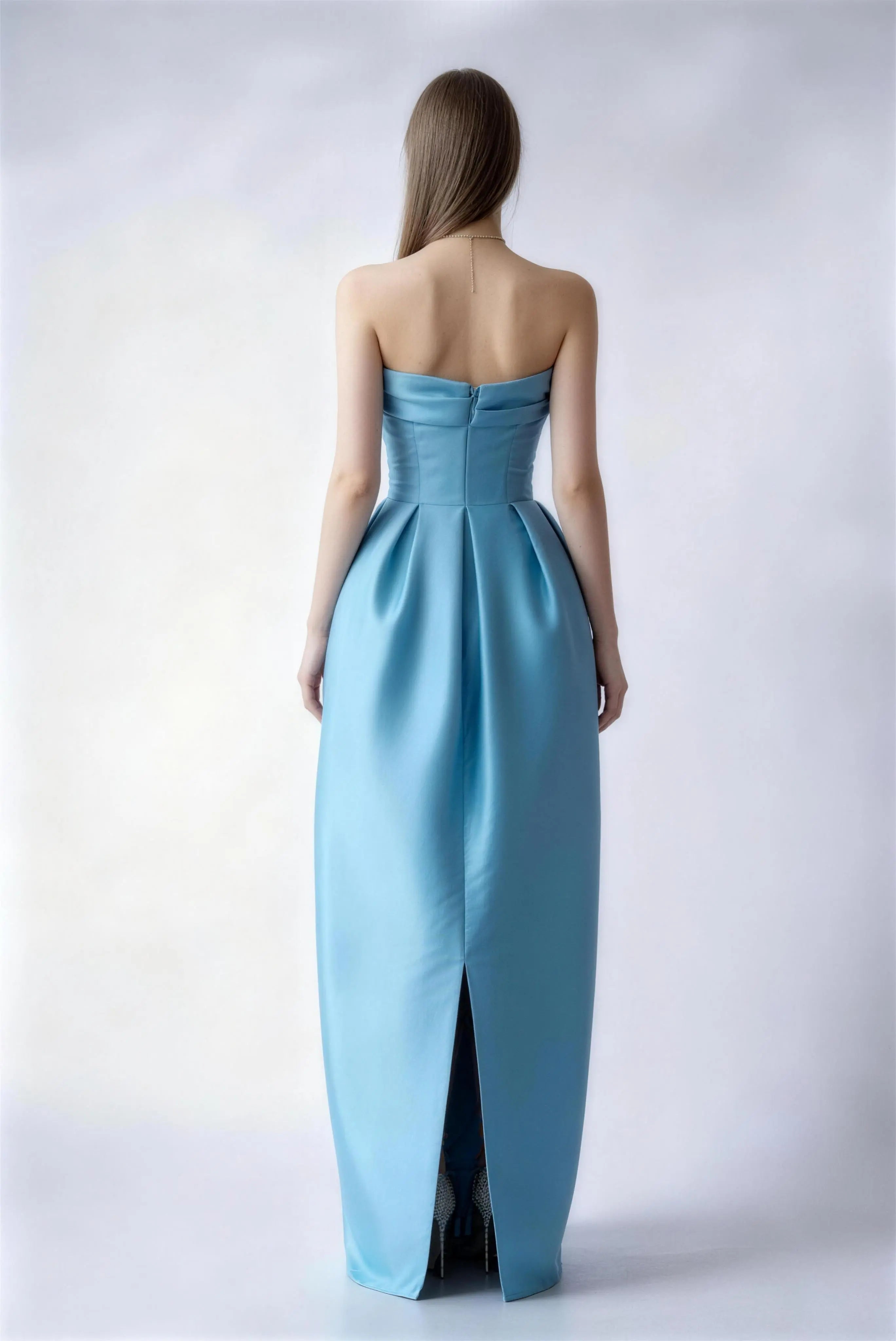 Phoehua Back View of Lake Blue Strapless Satin Dress, High Waist Back Slit Formal Evening Gown with Hidden Zipper