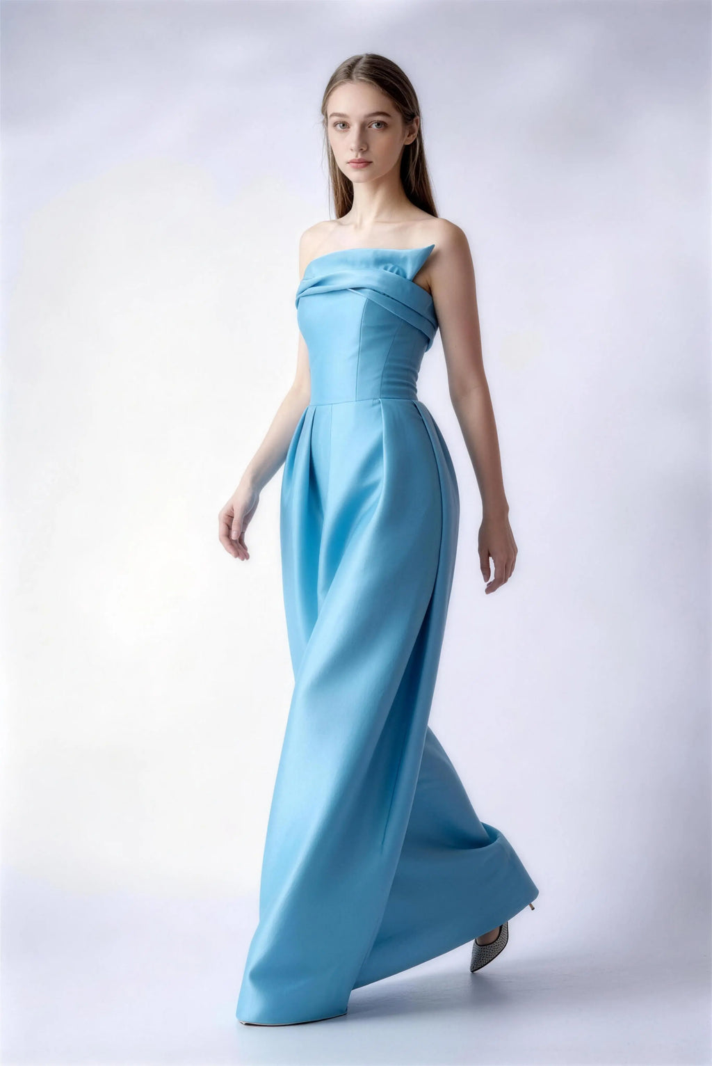 Phoehua Walking Pose of Lake Blue Strapless Draped Satin Gown, High Waist 3D Tailored Elegant Formal Long Dress