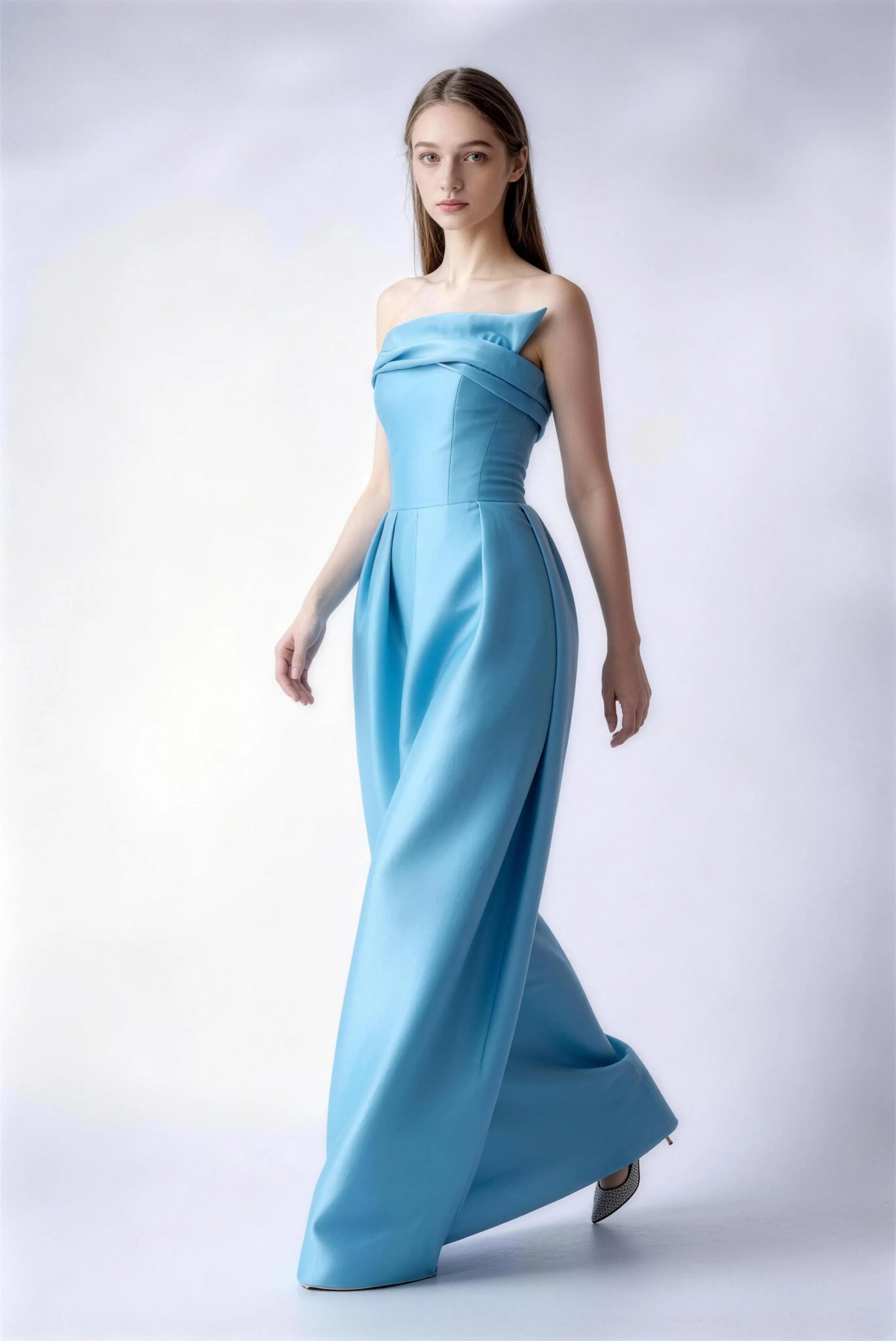 Phoehua Walking Pose of Lake Blue Strapless Draped Satin Gown, High Waist 3D Tailored Elegant Formal Long Dress