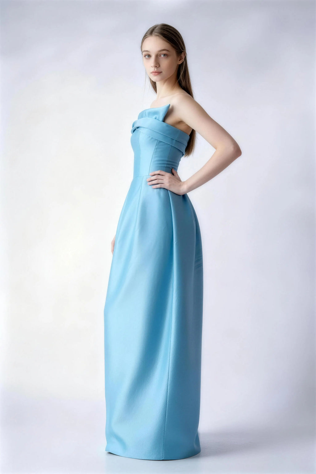 Phoehua Side View of Lake Blue Strapless Satin Evening Gown, Structured Pleated Skirt High‑End Formal Dress