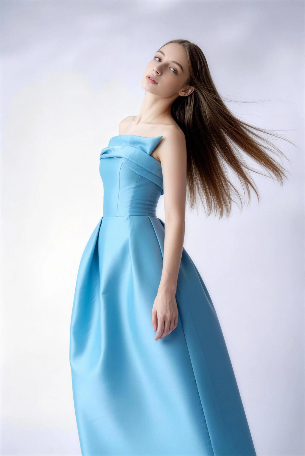 Phoehua Close‑Up Side View of Lake Blue Strapless Draped Satin Dress, Minimalist Luxury High Waist Formal Evening Gown