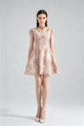 Phoehua Champagne V‑Neck Cap Sleeve Lace A‑Line Mini Dress, Front View High Waist Short Formal Cocktail Party Evening Gown
