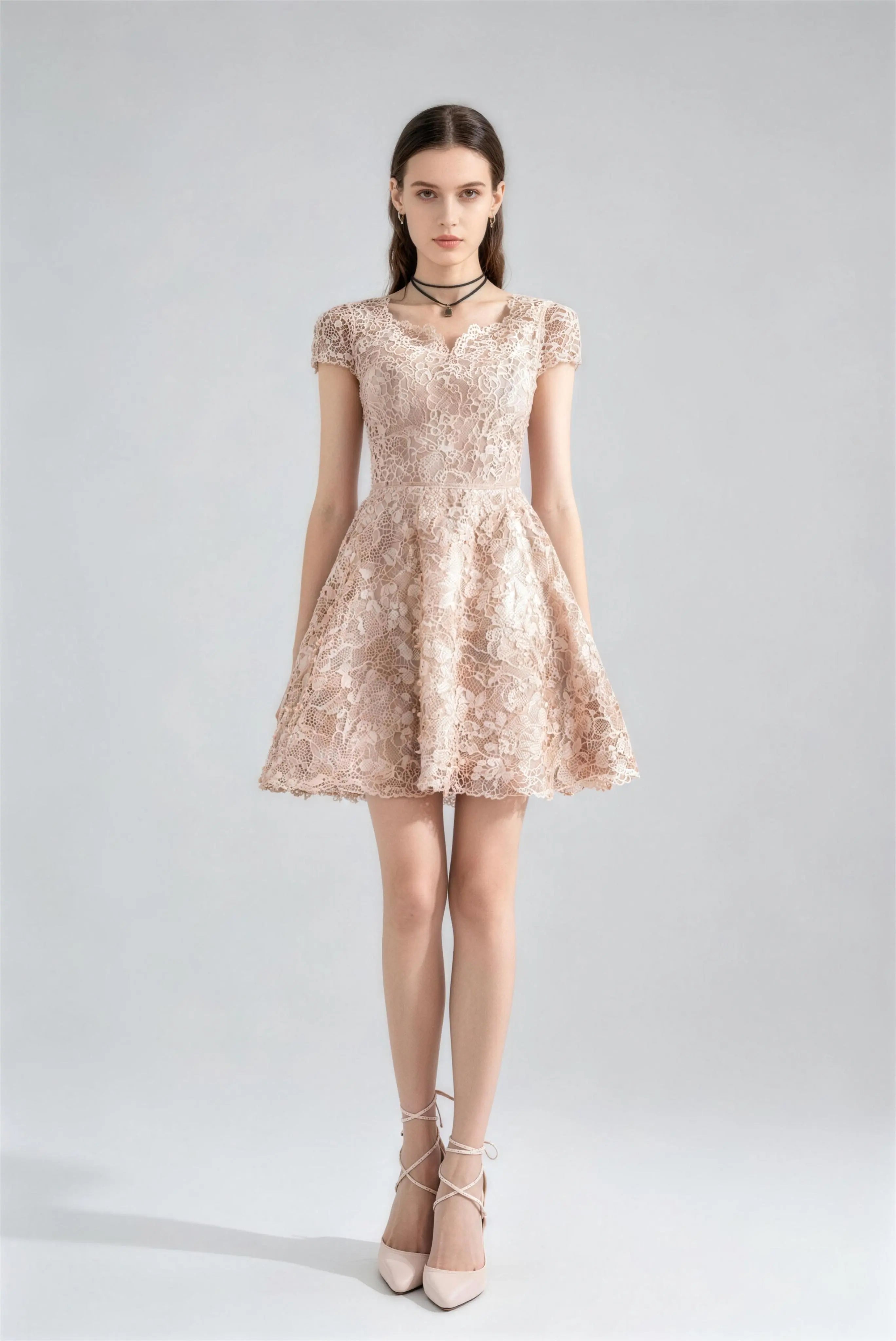 Phoehua Champagne V‑Neck Cap Sleeve Lace A‑Line Mini Dress, Front View High Waist Short Formal Cocktail Party Evening Gown