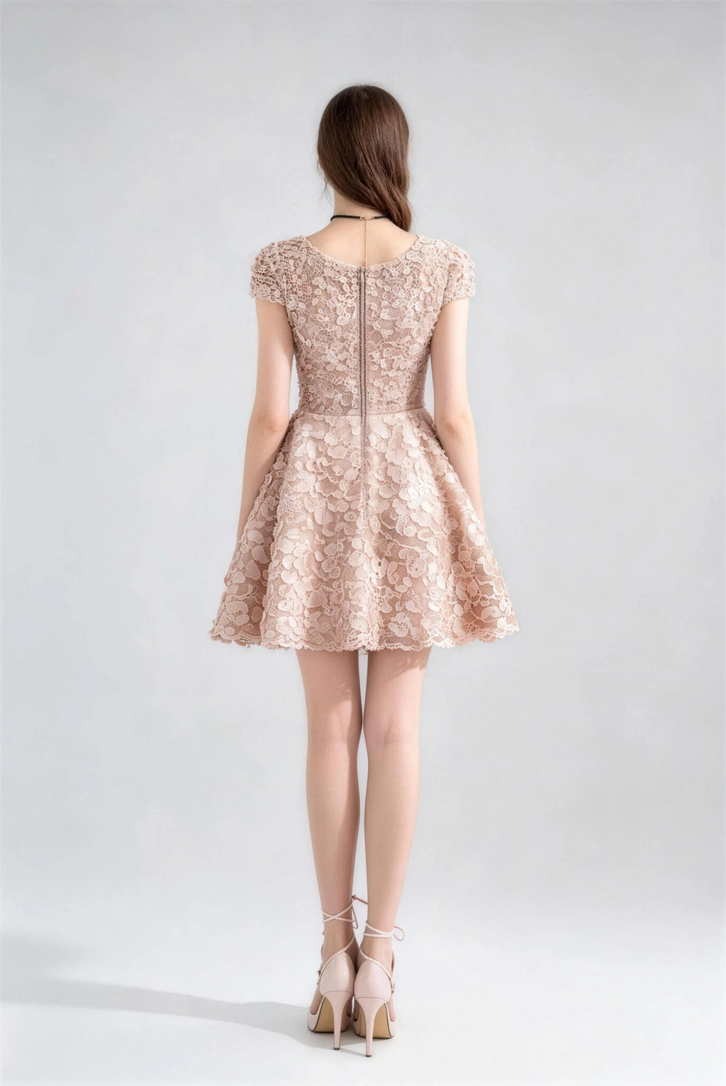 Phoehua Back View of Champagne Lace Mini Dress, V‑Neck Cap Sleeve High Waist A‑Line Short Formal Party Gown with Hidden Zipper