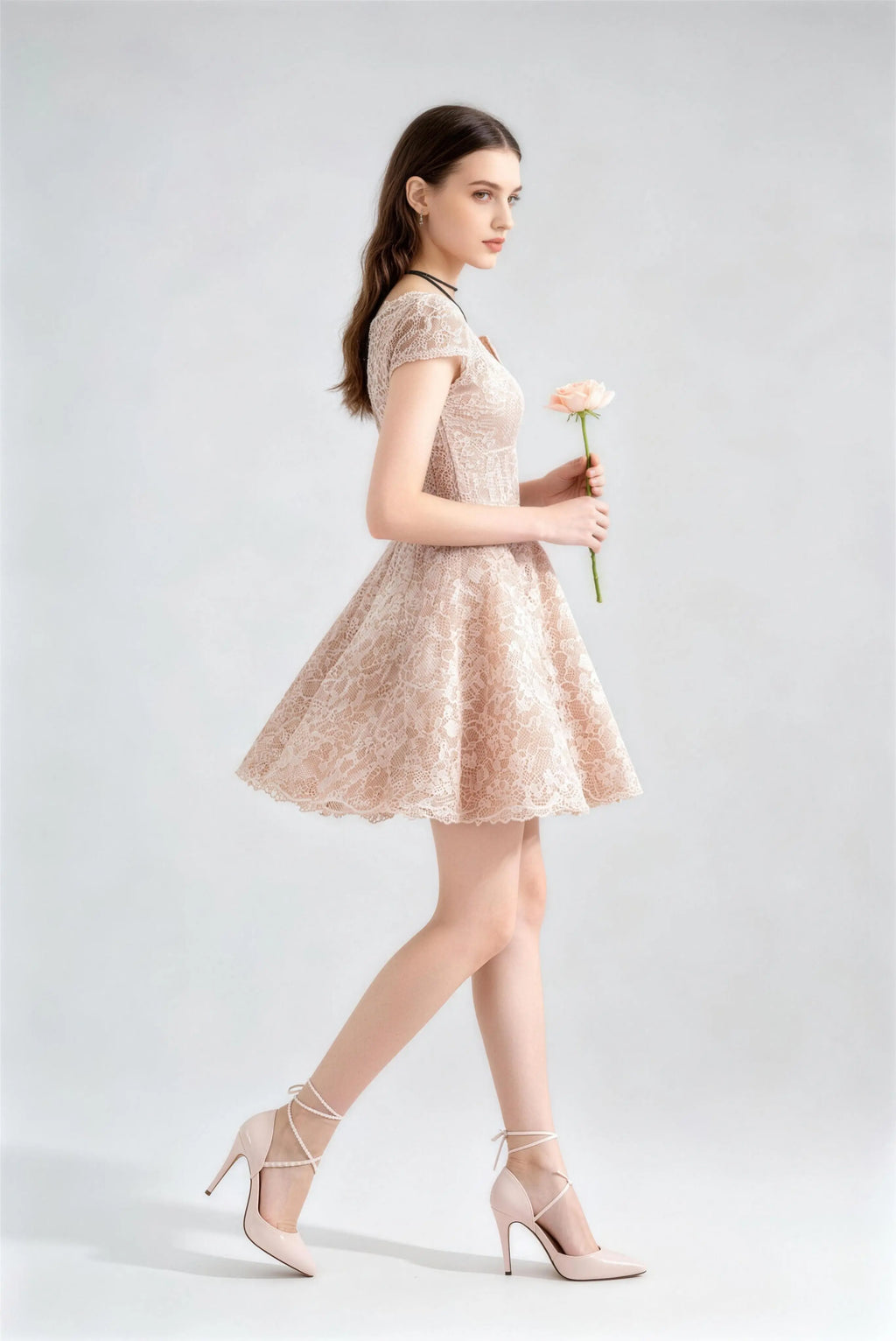 Phoehua Side View of Champagne Lace Mini Formal Dress, High Waist Cap Sleeve A‑Line Short Wedding Guest Bridesmaid Gown