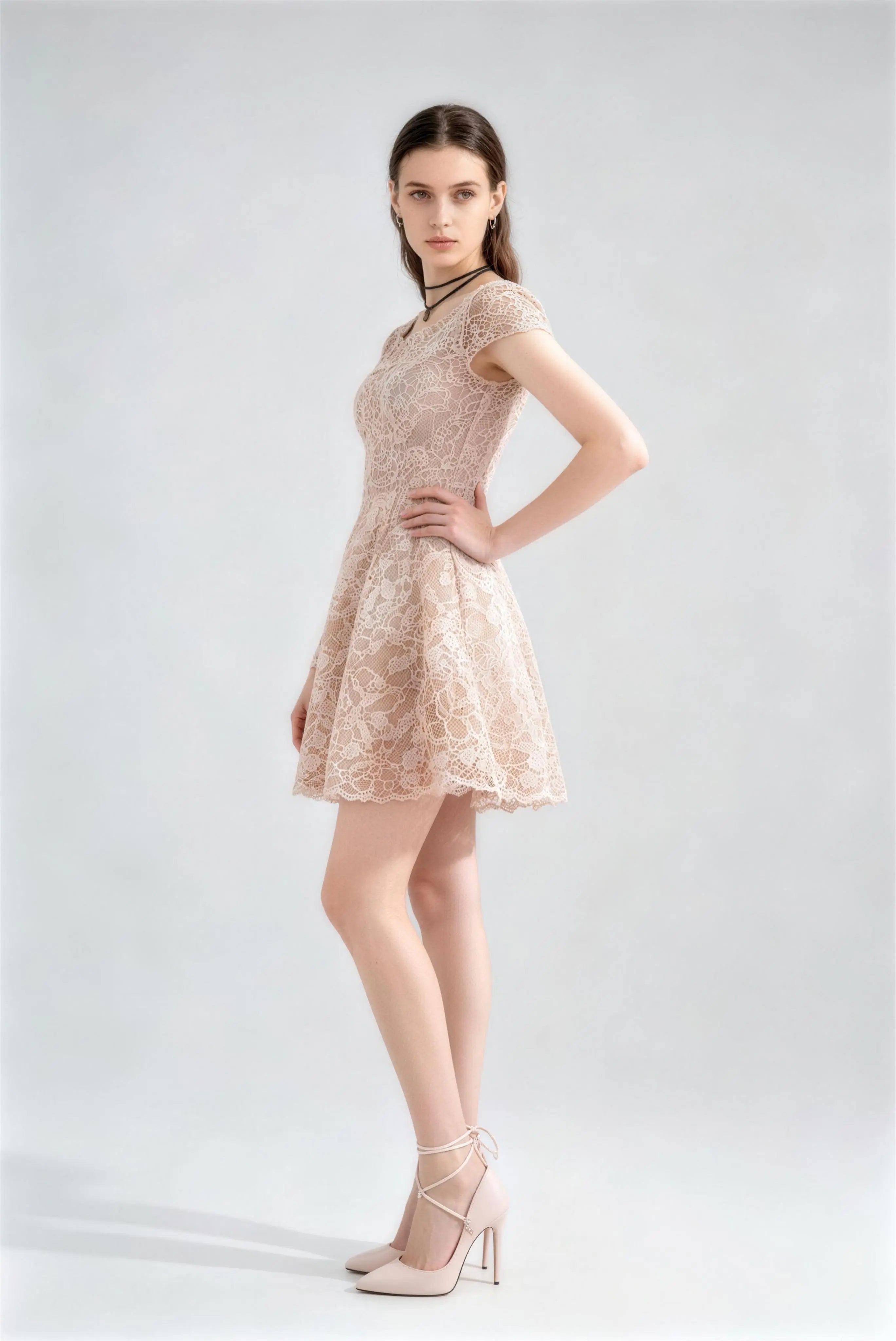 Champagne Lace A‑Line Mini Party Dress