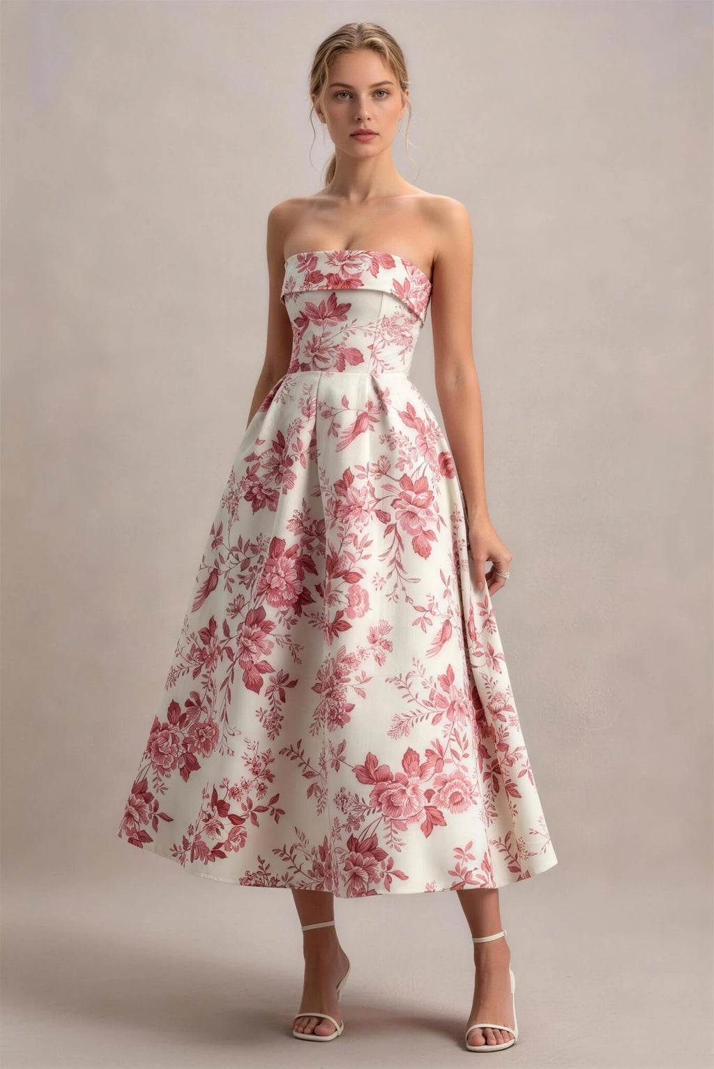 Phoehua Pink Floral Print Strapless High‑Waist A‑Line Midi Dress, Front View Elegant Socialite Formal Party Gown