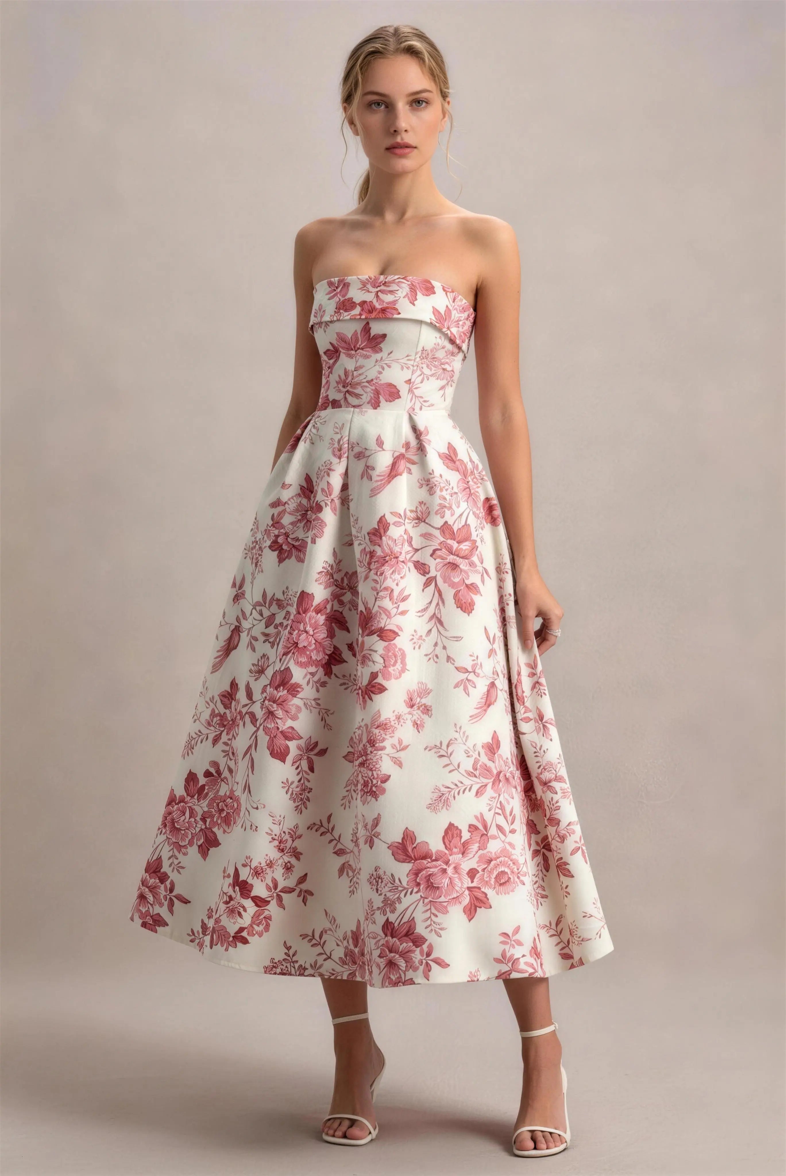 Phoehua Pink Floral Print Strapless High‑Waist A‑Line Midi Dress, Front View Elegant Socialite Formal Party Gown