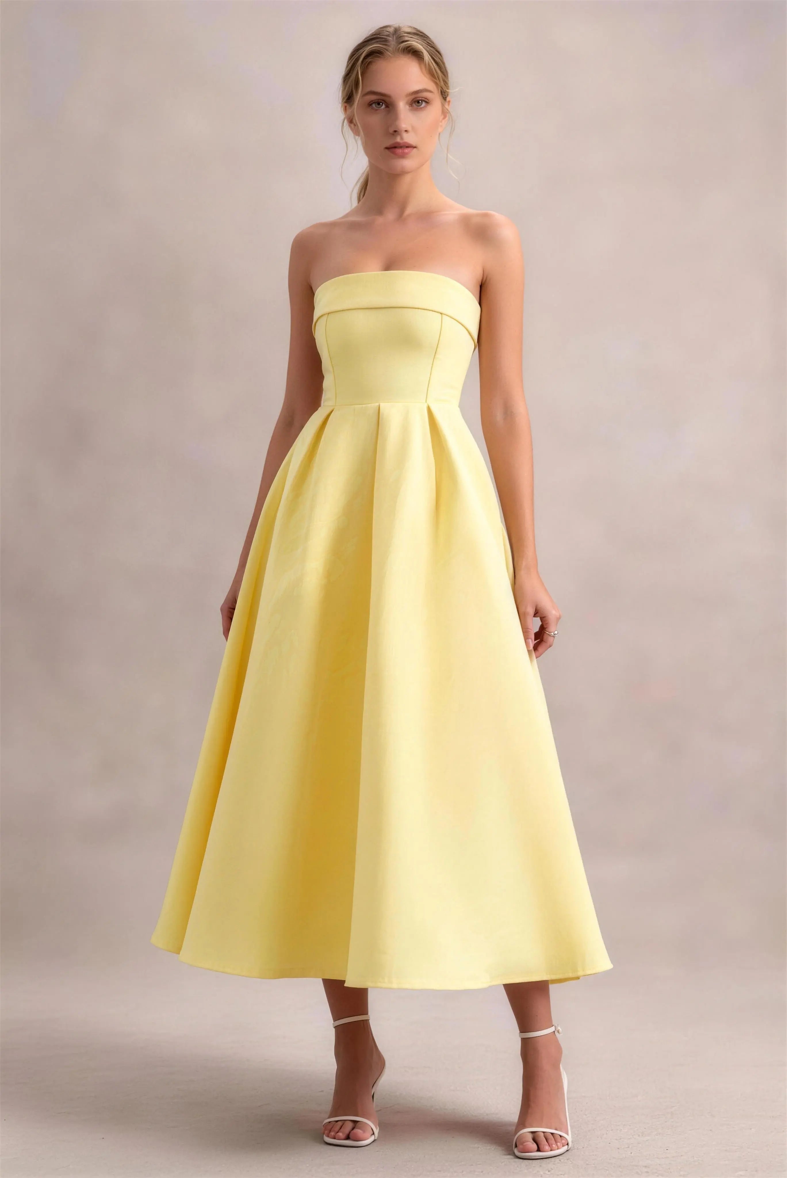 Phoehua Solid Yellow Strapless High‑Waist A‑Line Midi Dress, Front View Minimalist Elegant Formal Evening Gown