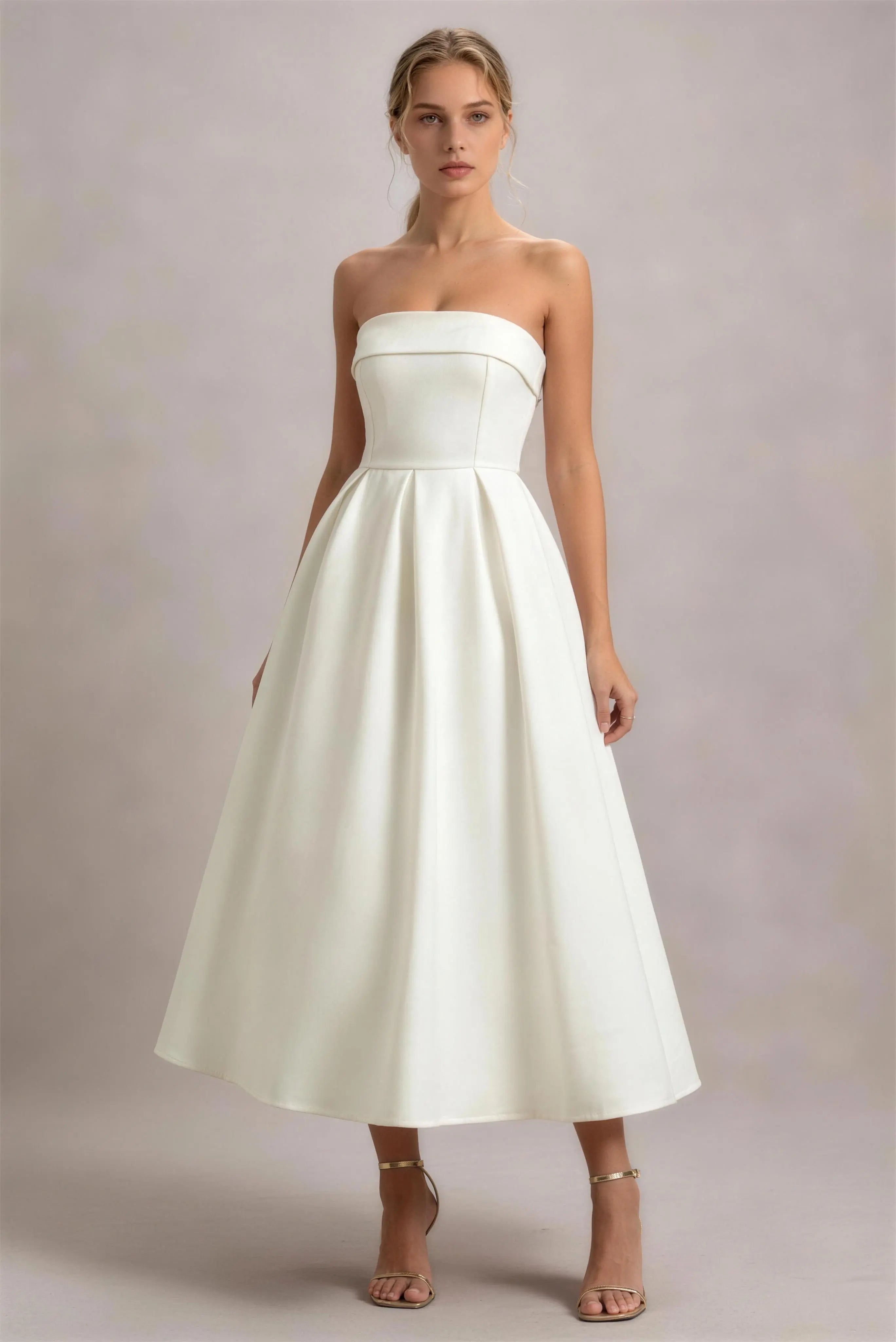 Phoehua Solid White Strapless High‑Waist A‑Line Midi Dress, Front View Clean Classic Formal Wedding Guest Gown