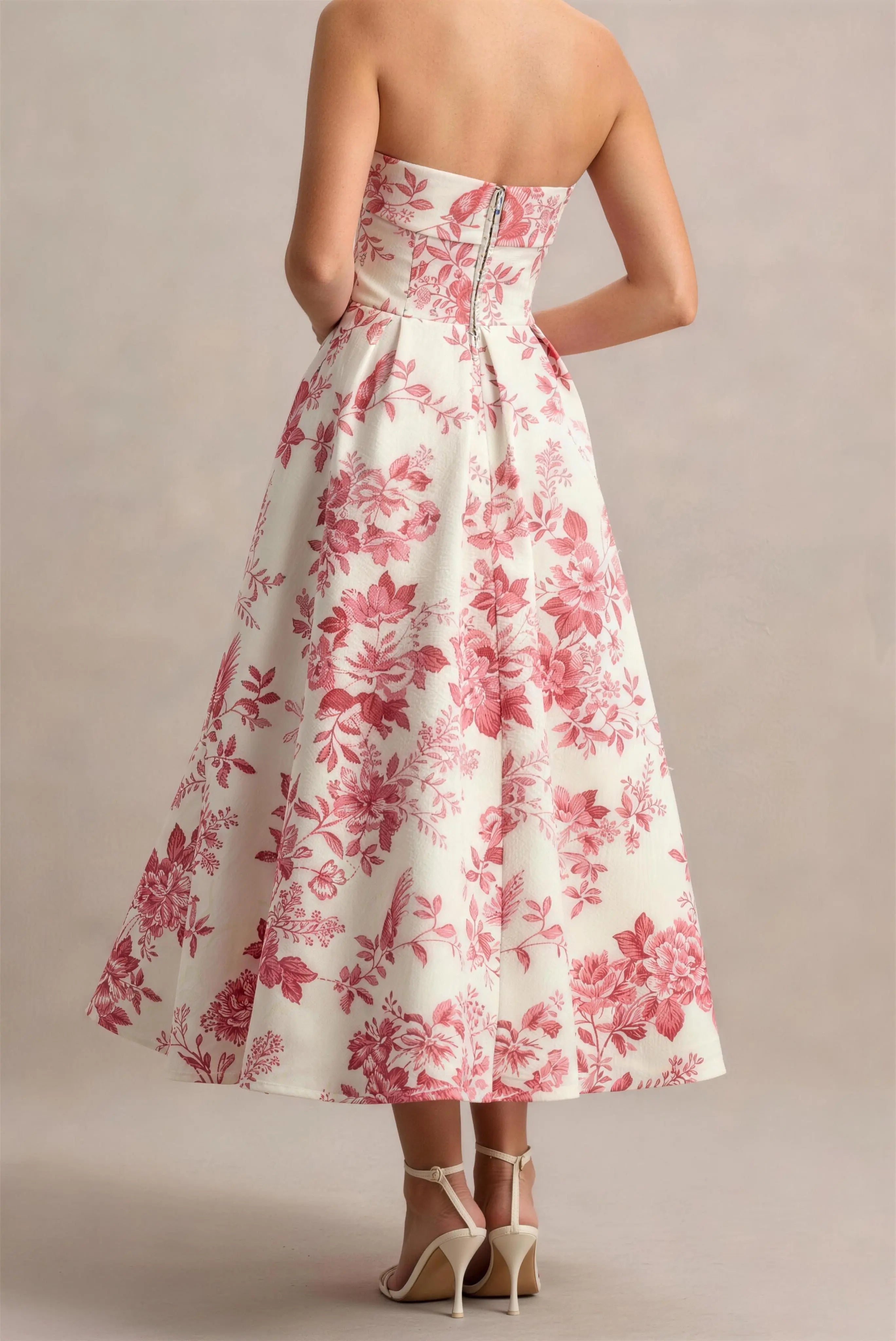 Phoehua Back View of Pink Floral Print Strapless Midi Dress, High‑Waist A‑Line Formal Party Gown with Invisible Zipper