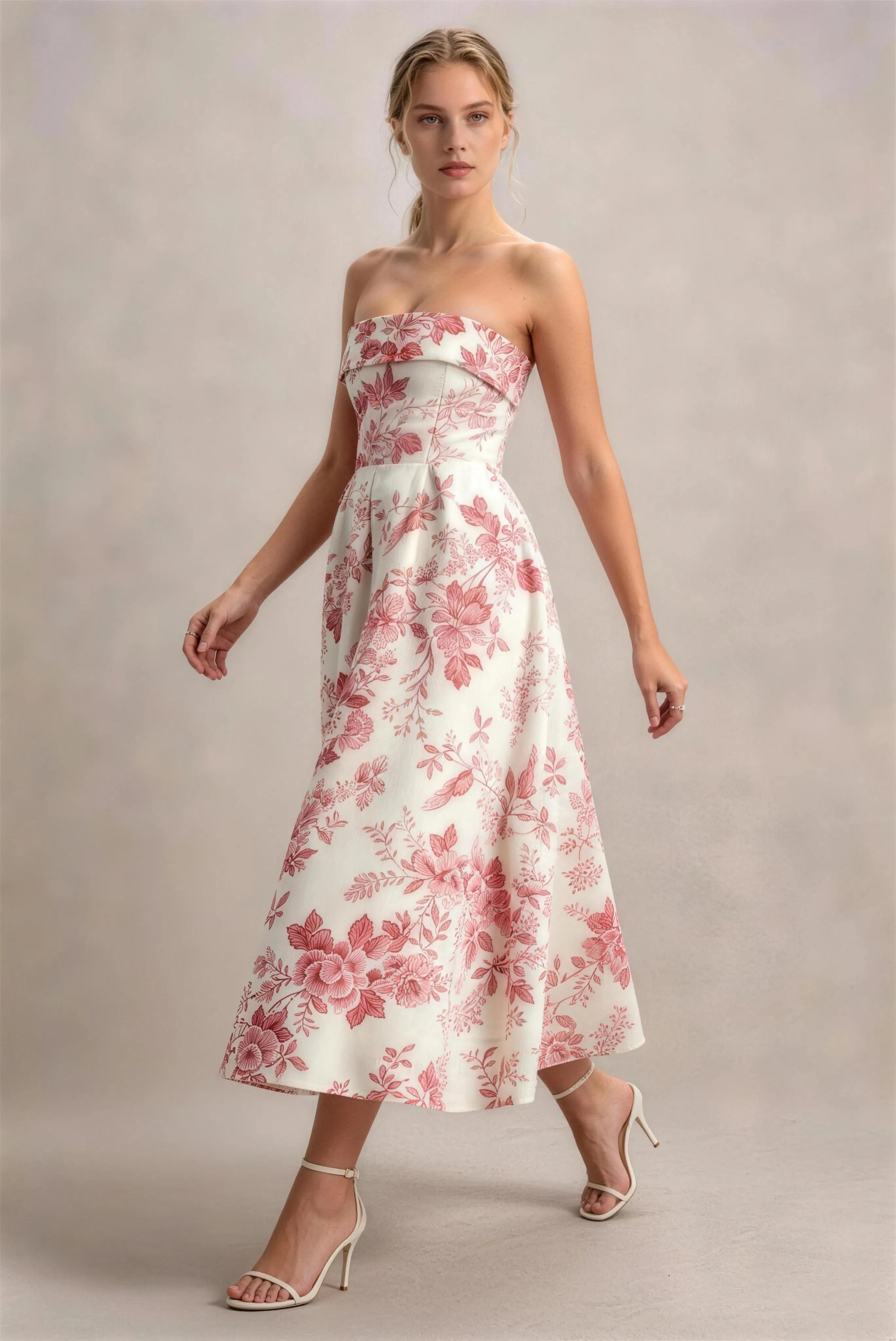 Strapless Floral Print A‑Line Midi Formal Dress