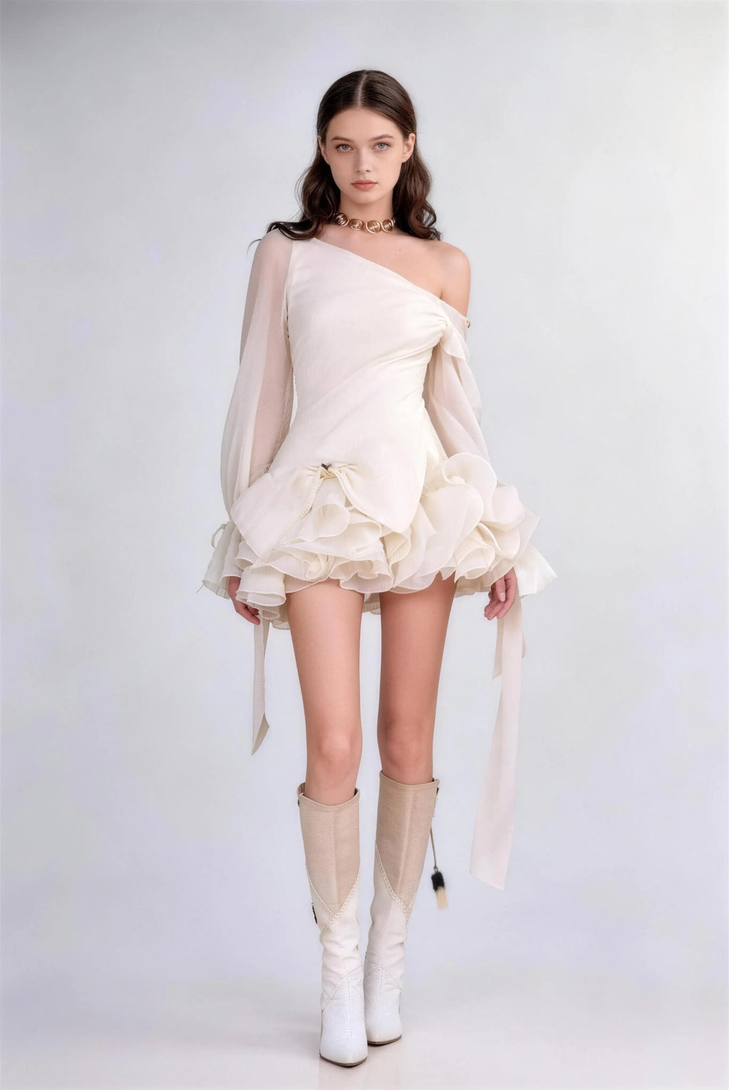 Phoehua Apricot Asymmetrical Off‑Shoulder Lantern Sleeve Ruffle Mini Dress, Front View High‑Waist Sheer Elegant Party Night Out Gown