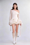 Phoehua Apricot Asymmetrical Off‑Shoulder Lantern Sleeve Ruffle Mini Dress, Front View High‑Waist Sheer Elegant Party Night Out Gown