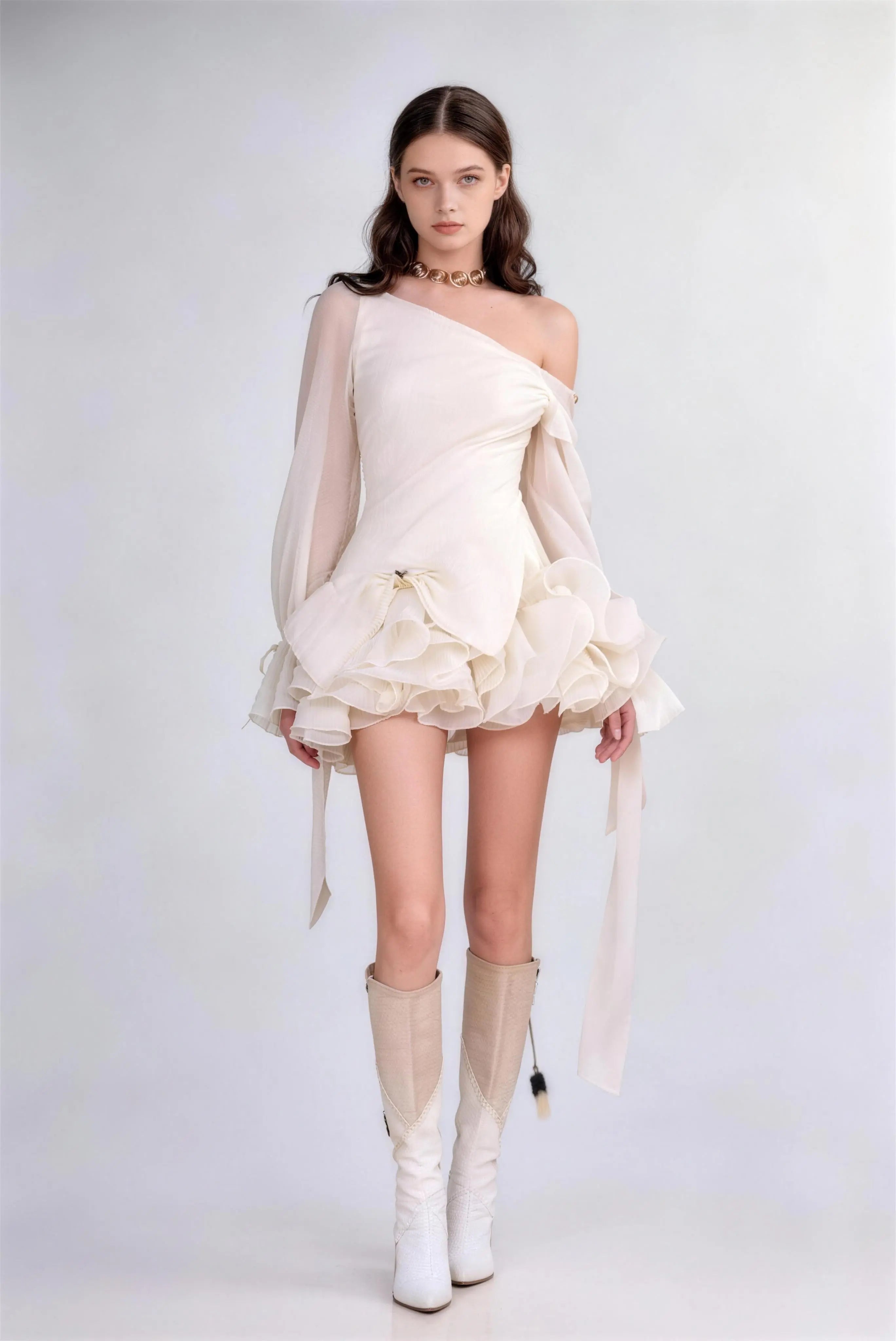 Phoehua Apricot Asymmetrical Off‑Shoulder Lantern Sleeve Ruffle Mini Dress, Front View High‑Waist Sheer Elegant Party Night Out Gown