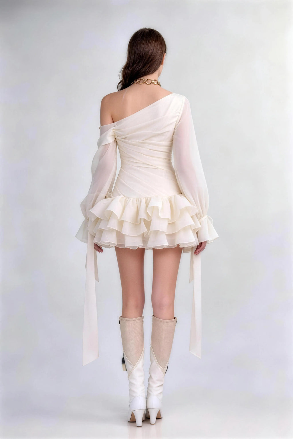 Phoehua Back View of Apricot Asymmetrical Ruffle Mini Dress, Lantern Sleeve High‑Waist Solid Color Sheer Party Evening Gown