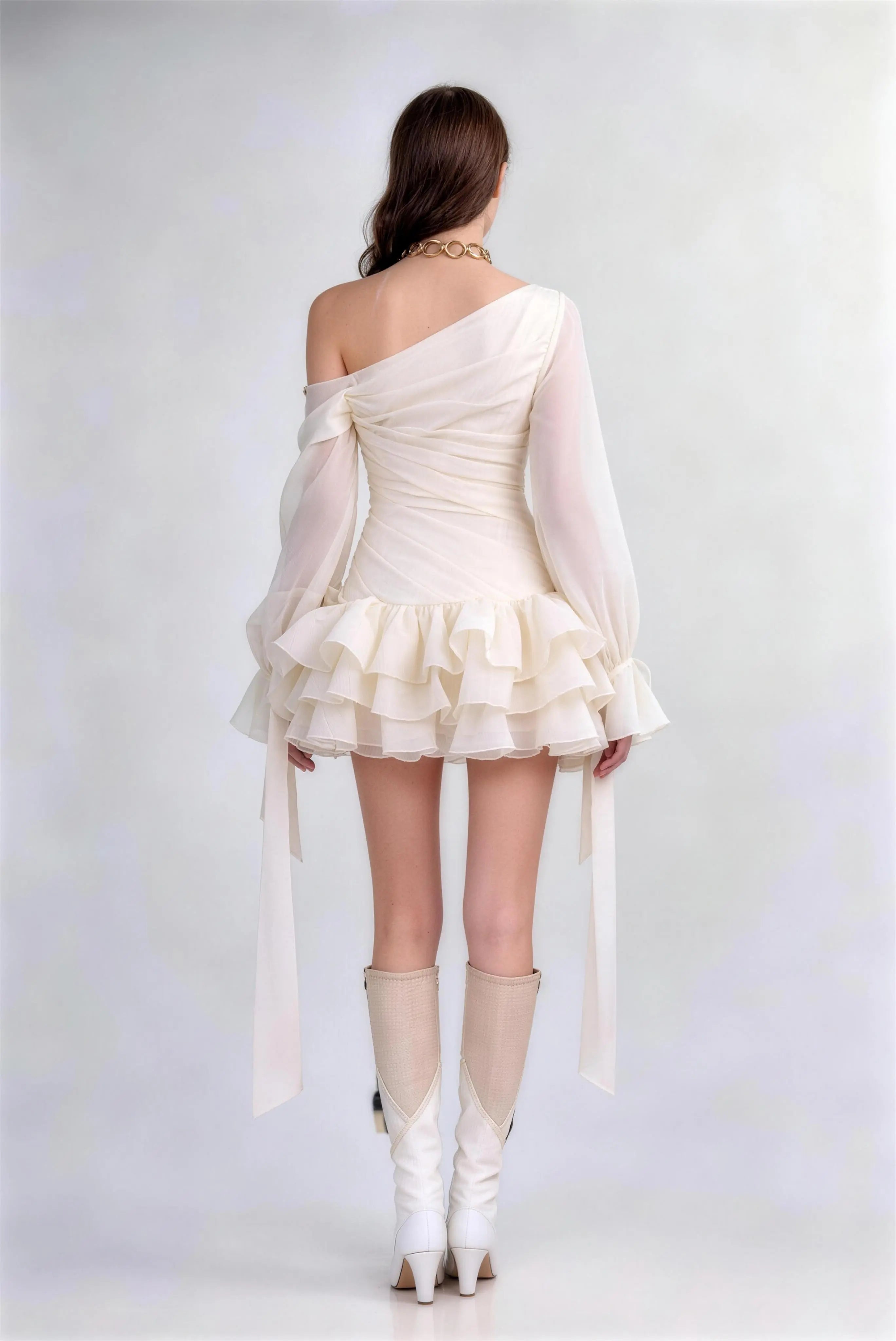 Phoehua Back View of Apricot Asymmetrical Ruffle Mini Dress, Lantern Sleeve High‑Waist Solid Color Sheer Party Evening Gown