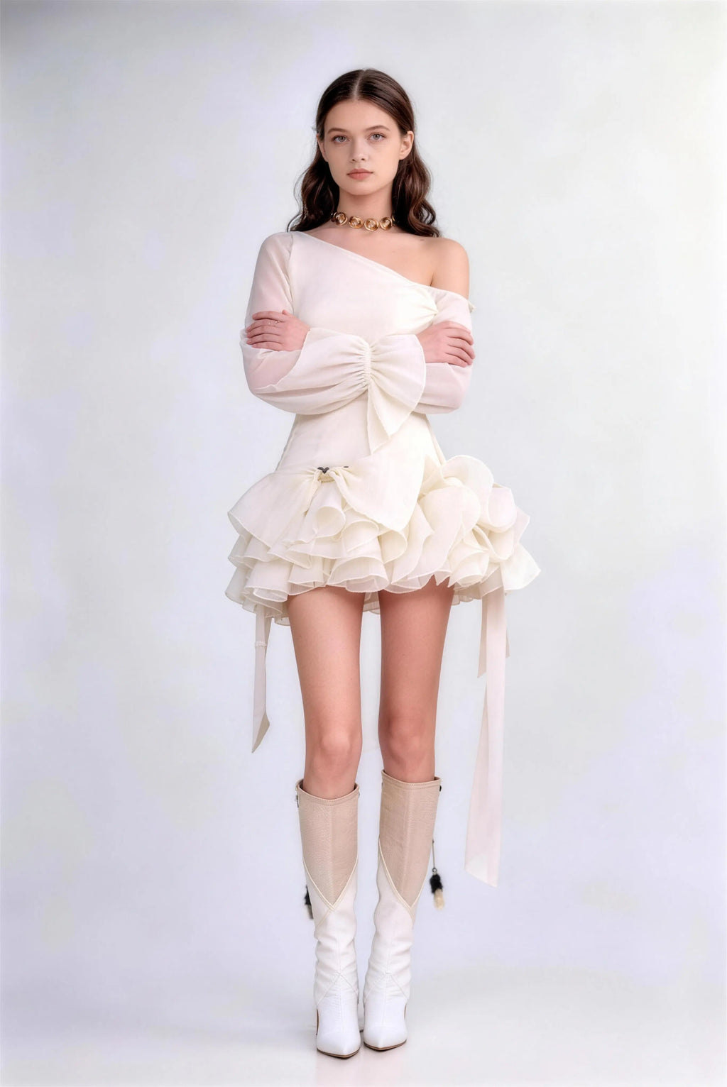 Phoehua Front Pose of Apricot Asymmetrical Ruffle Mini Dress, Sheer Long Sleeve High‑Waist Solid Color Romantic Party Dress