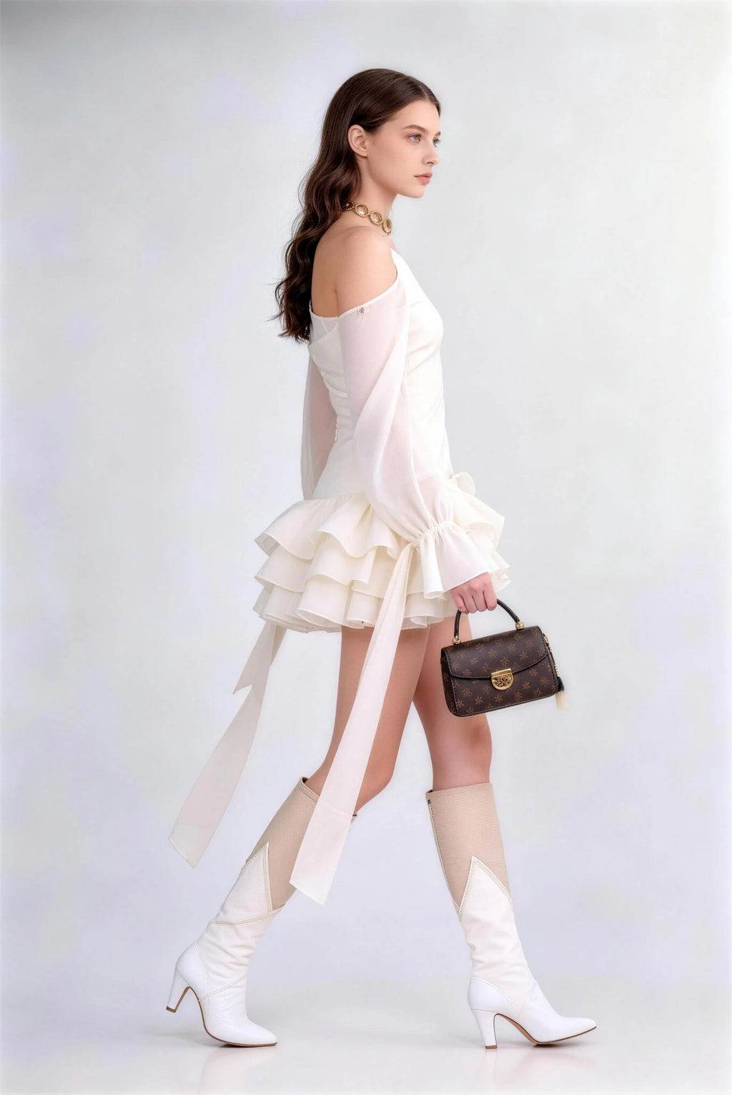 Phoehua Walking Side View of Apricot Off‑Shoulder Mini Dress, Modern Feminine High‑Waist Ruffle Night Out Party Gown