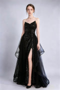 Phoehua Black Pearl Spaghetti Strap Sequin Tulle A‑Line Evening Gown, Front View High‑Waist High Slit Layered Formal Party Long Dress
