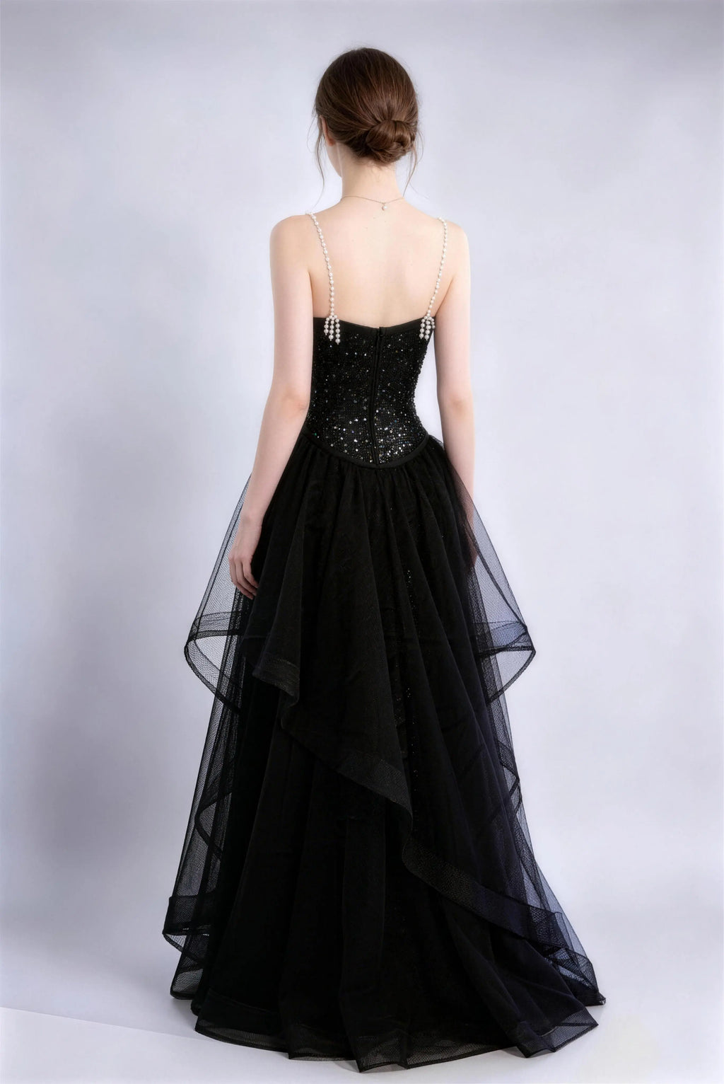 Phoehua Back View of Black Pearl Strap Sequin Tulle Dress, High‑Waist High Slit Layered Formal Evening Gown with Hidden Zipper