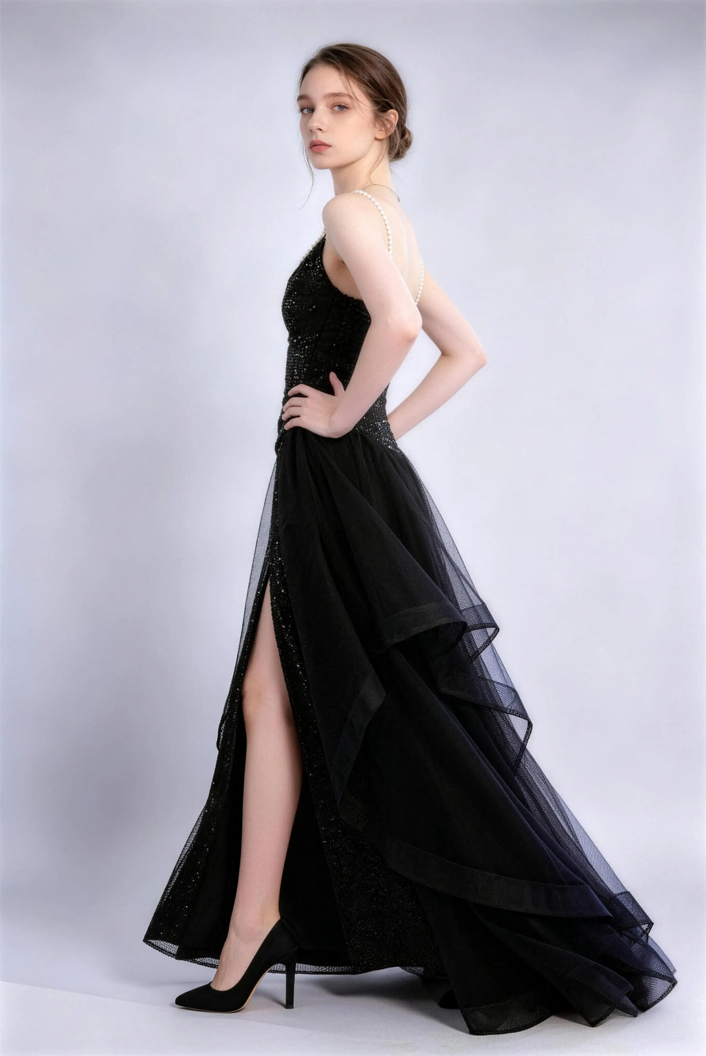 Phoehua Side View of Black Pearl Strap Sequin Tulle Long Dress, Layered High‑Slit High‑Waist Elegant Formal Evening Gown