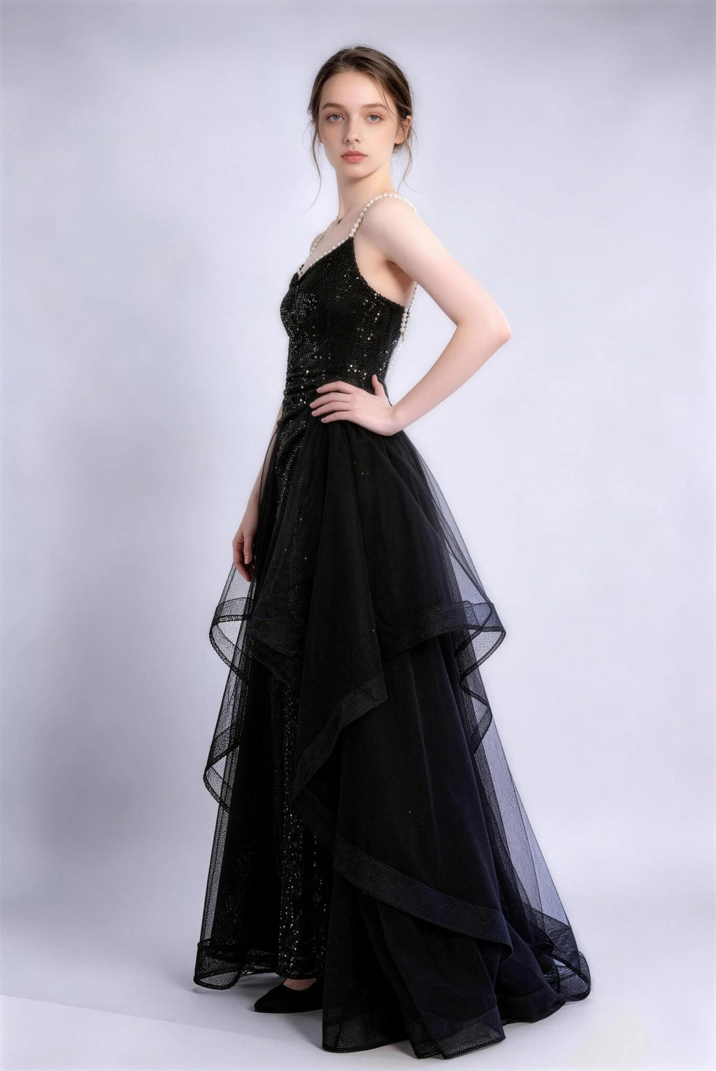 Phoehua Side Pose of Black Pearl Spaghetti Strap Evening Gown, Sparkly Sequin Layered Tulle High‑Slit Formal Party Dress