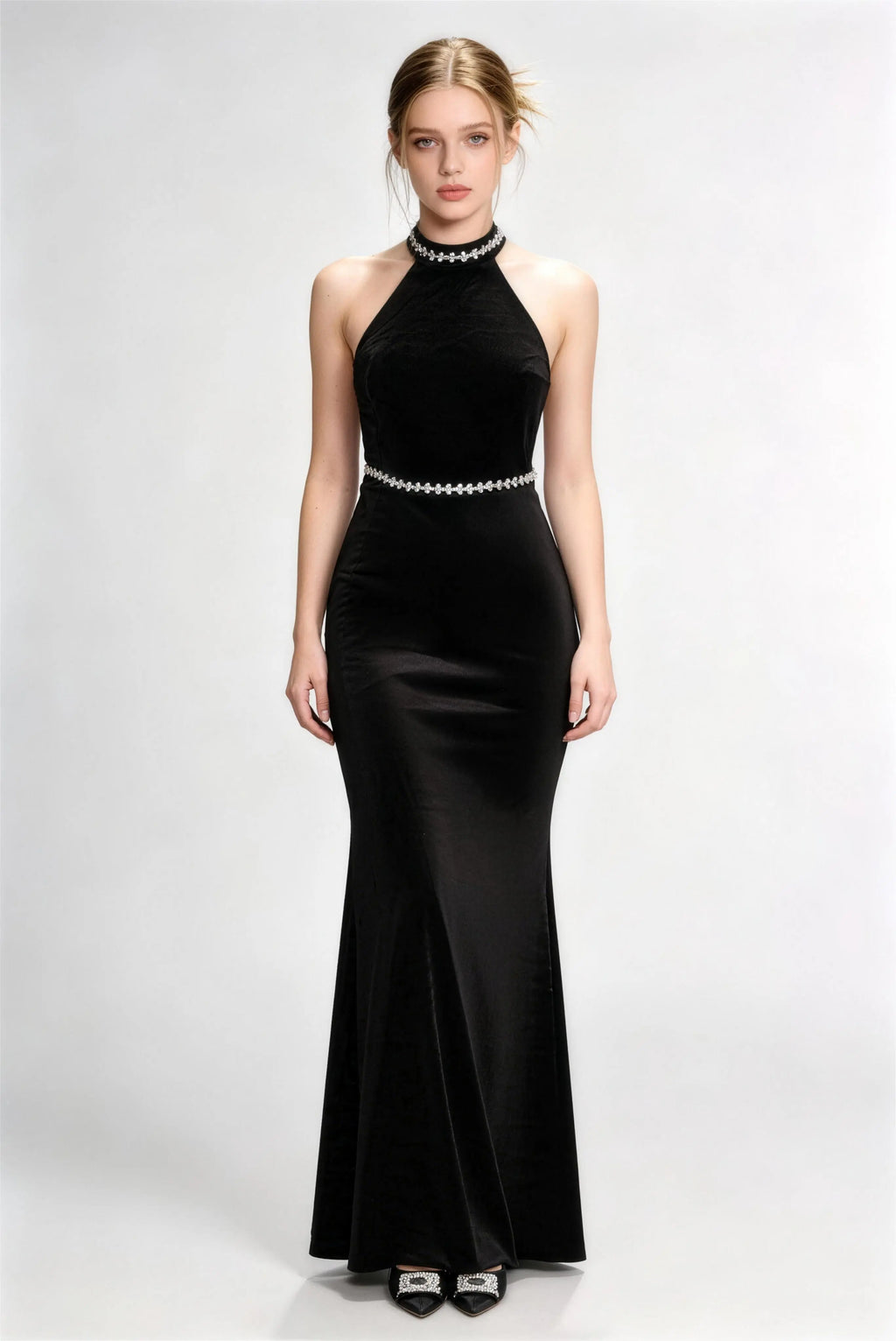 Phoehua Black Velvet Halter Mermaid Evening Gown, Front View Rhinestone‑Embellished High‑Neck Long Formal Party Dress