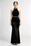 Phoehua Black Velvet Halter Mermaid Evening Gown, Front View Rhinestone‑Embellished High‑Neck Long Formal Party Dress