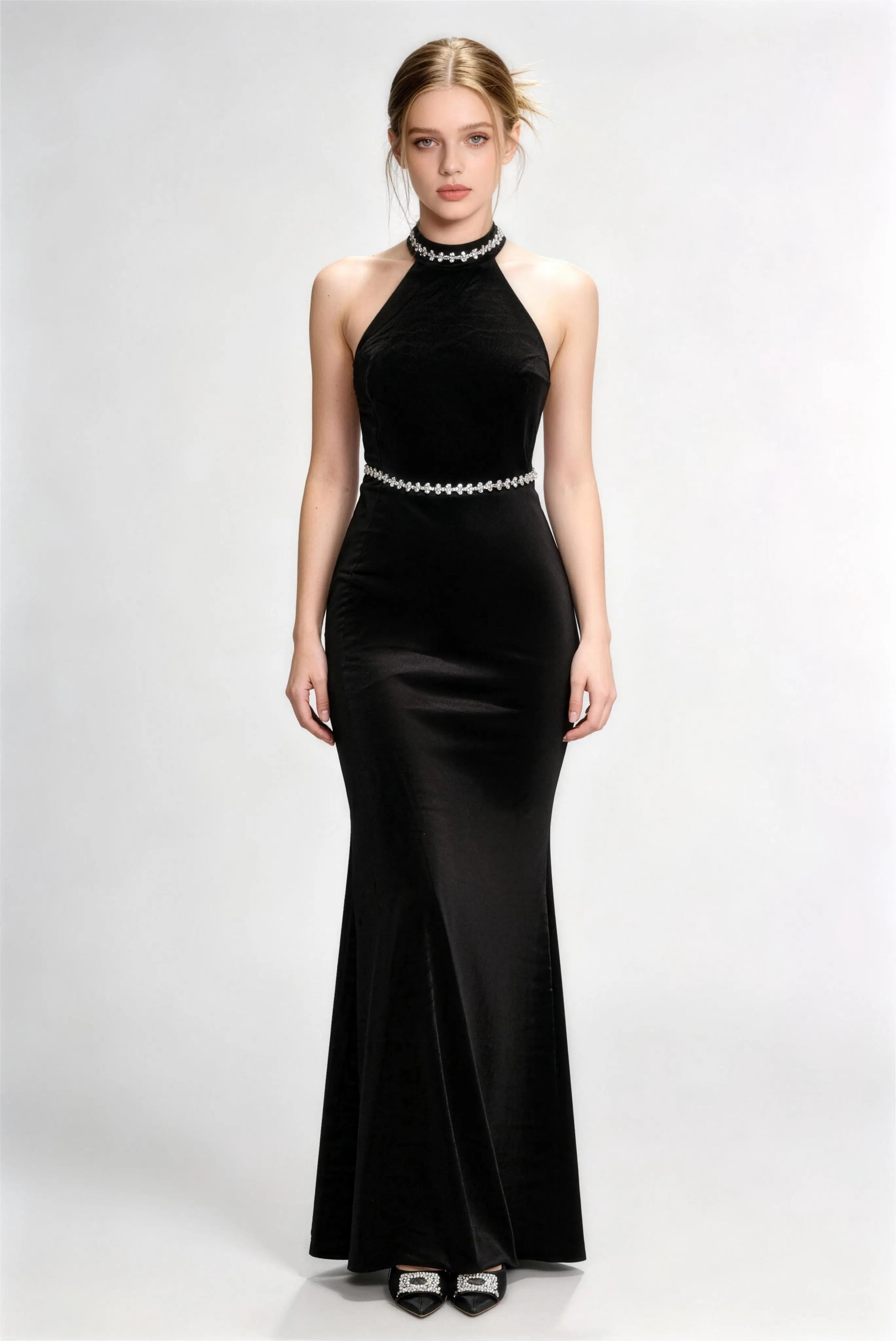 Phoehua Black Velvet Halter Mermaid Evening Gown, Front View Rhinestone‑Embellished High‑Neck Long Formal Party Dress