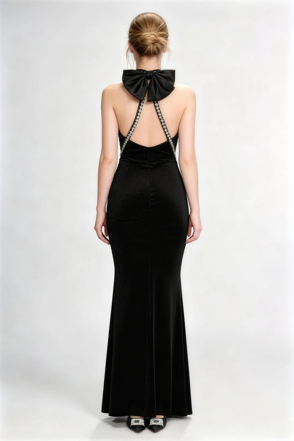 Phoehua Back View of Black Velvet Halter Dress, Rhinestone‑Trimmed Open‑Back Big Bow Mermaid Formal Evening Gown