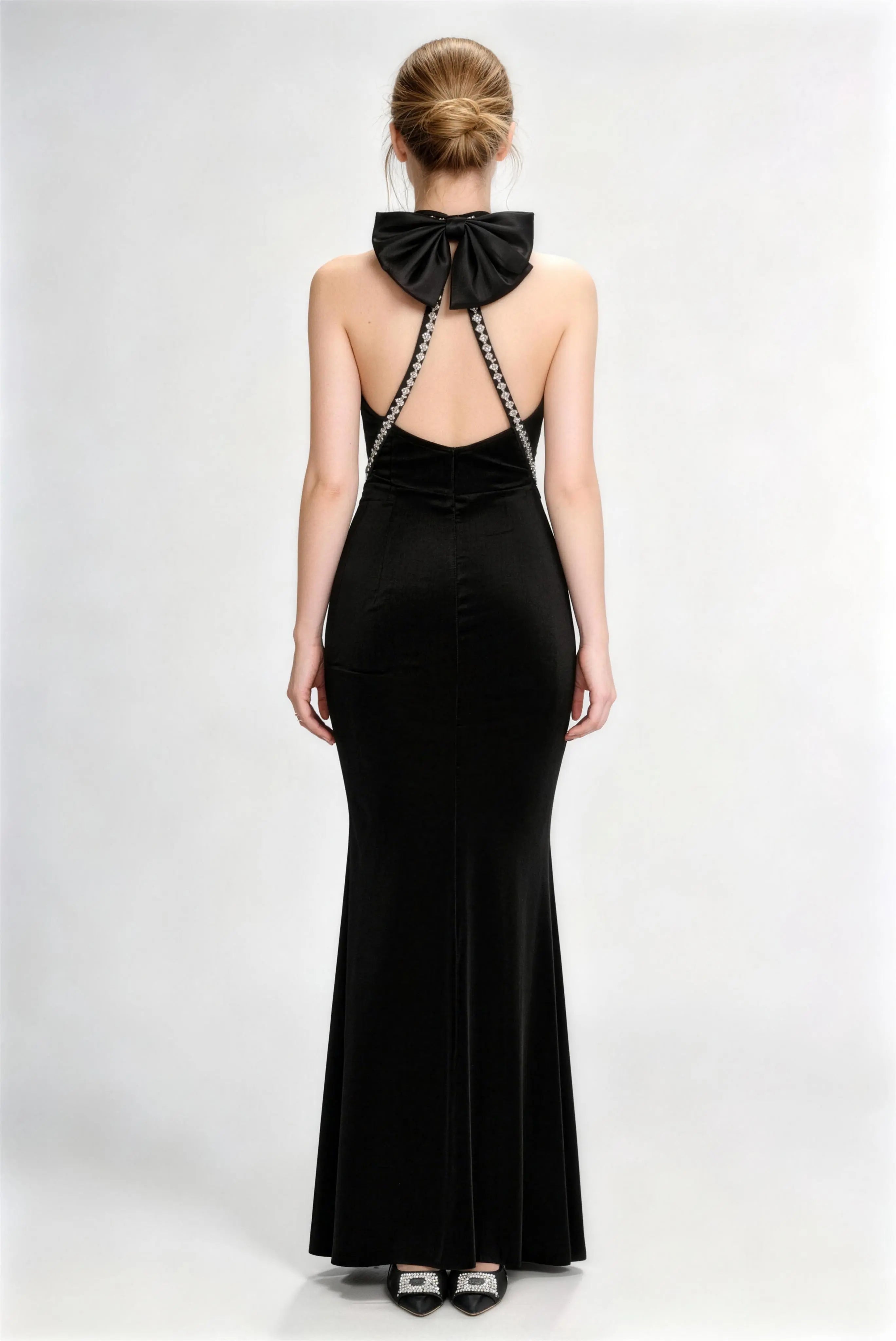 Phoehua Back View of Black Velvet Halter Dress, Rhinestone‑Trimmed Open‑Back Big Bow Mermaid Formal Evening Gown