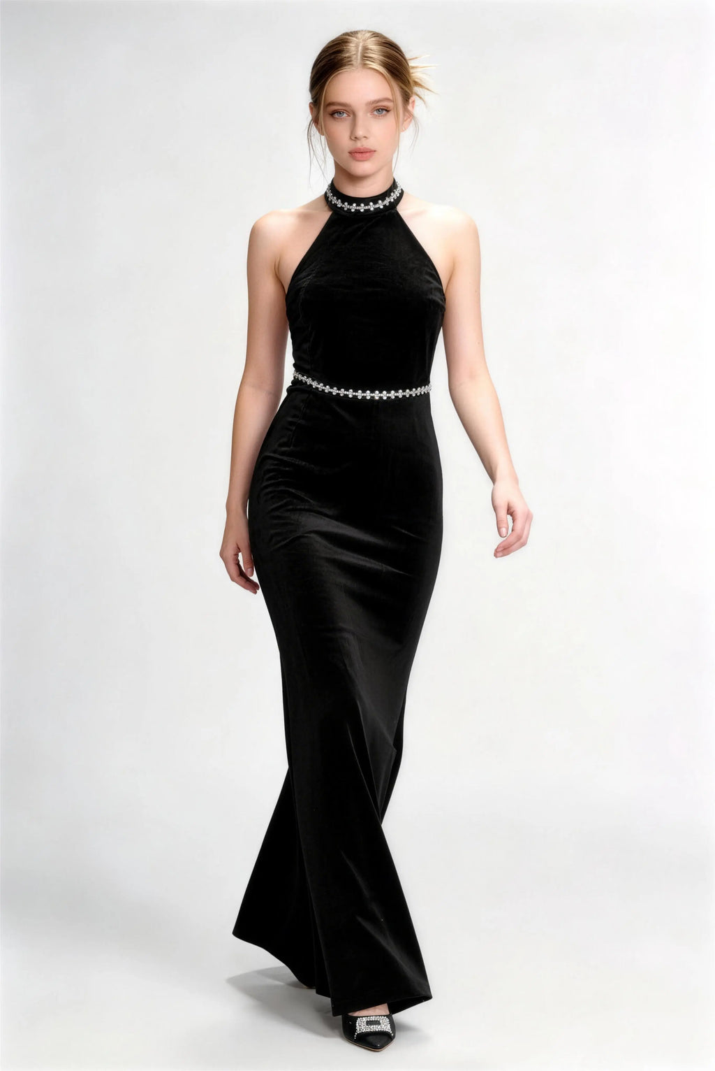 Phoehua Walking Pose of Black Halter Rhinestone Velvet Mermaid Gown, High‑Neck Body‑Hugging Elegant Formal Long Dress