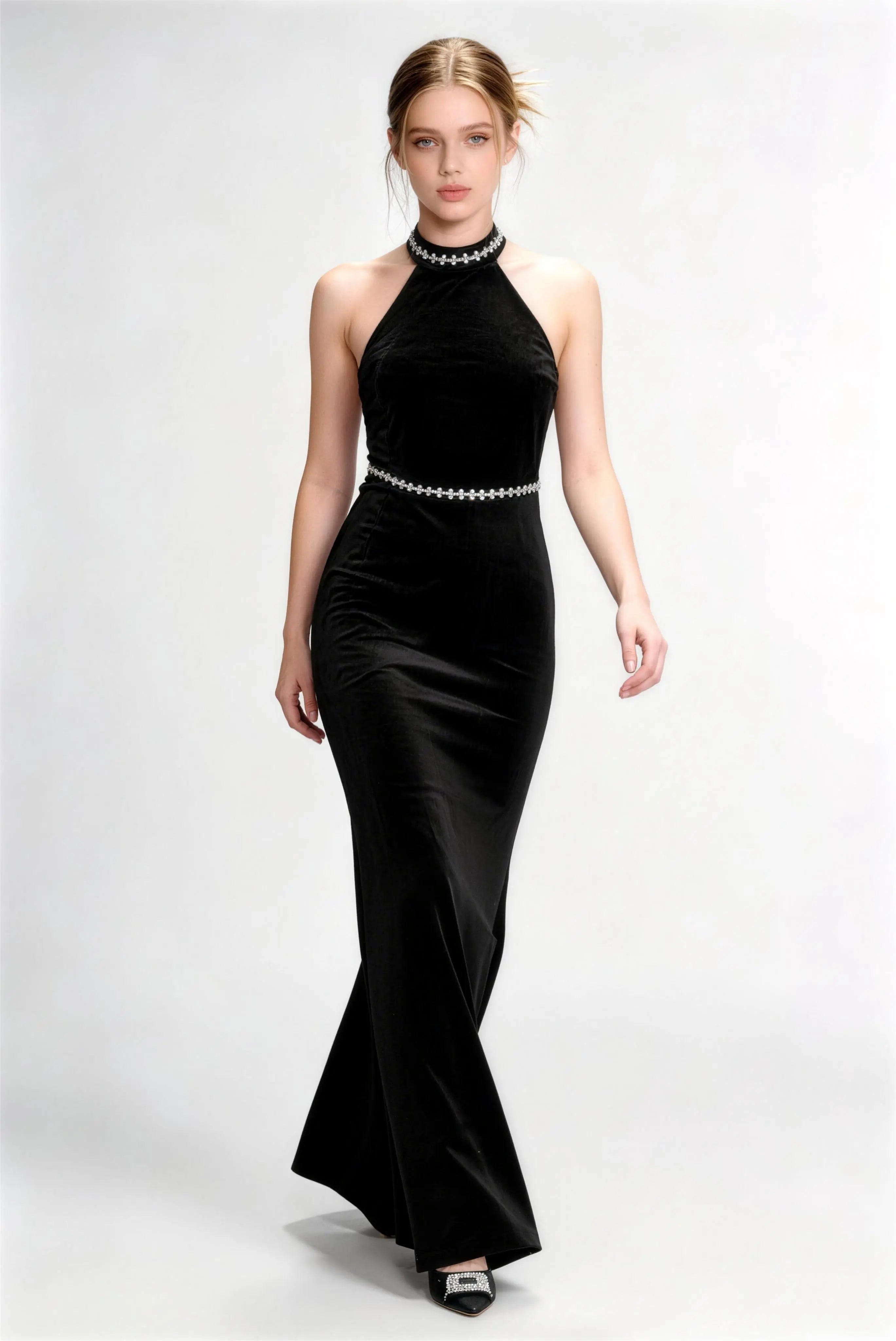Phoehua Walking Pose of Black Halter Rhinestone Velvet Mermaid Gown, High‑Neck Body‑Hugging Elegant Formal Long Dress