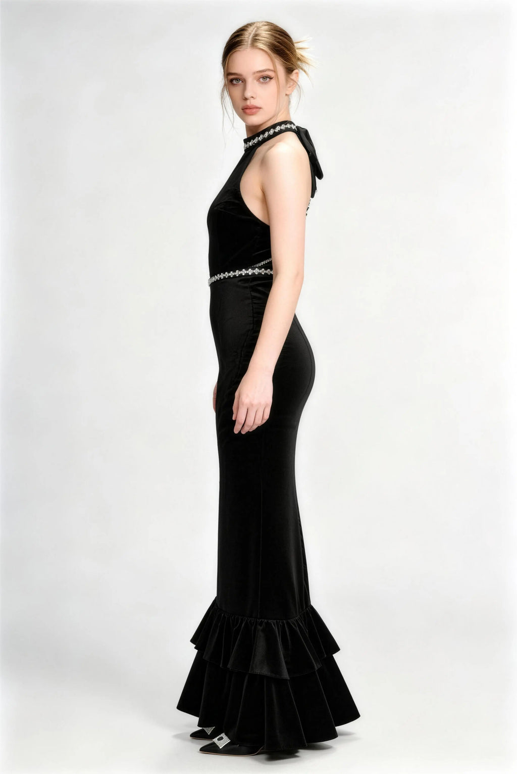 Phoehua Side View of Black Velvet Halter Mermaid Dress, Rhinestone Waist Open‑Back Ruffle‑Hem Luxury Formal Evening Gown