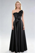 Phoehua Black One‑Shoulder Oversized Bow Acetate Satin A‑Line Evening Gown, Front View Lace‑Up Back Floor‑Length Elegant Formal Wedding Guest Dress