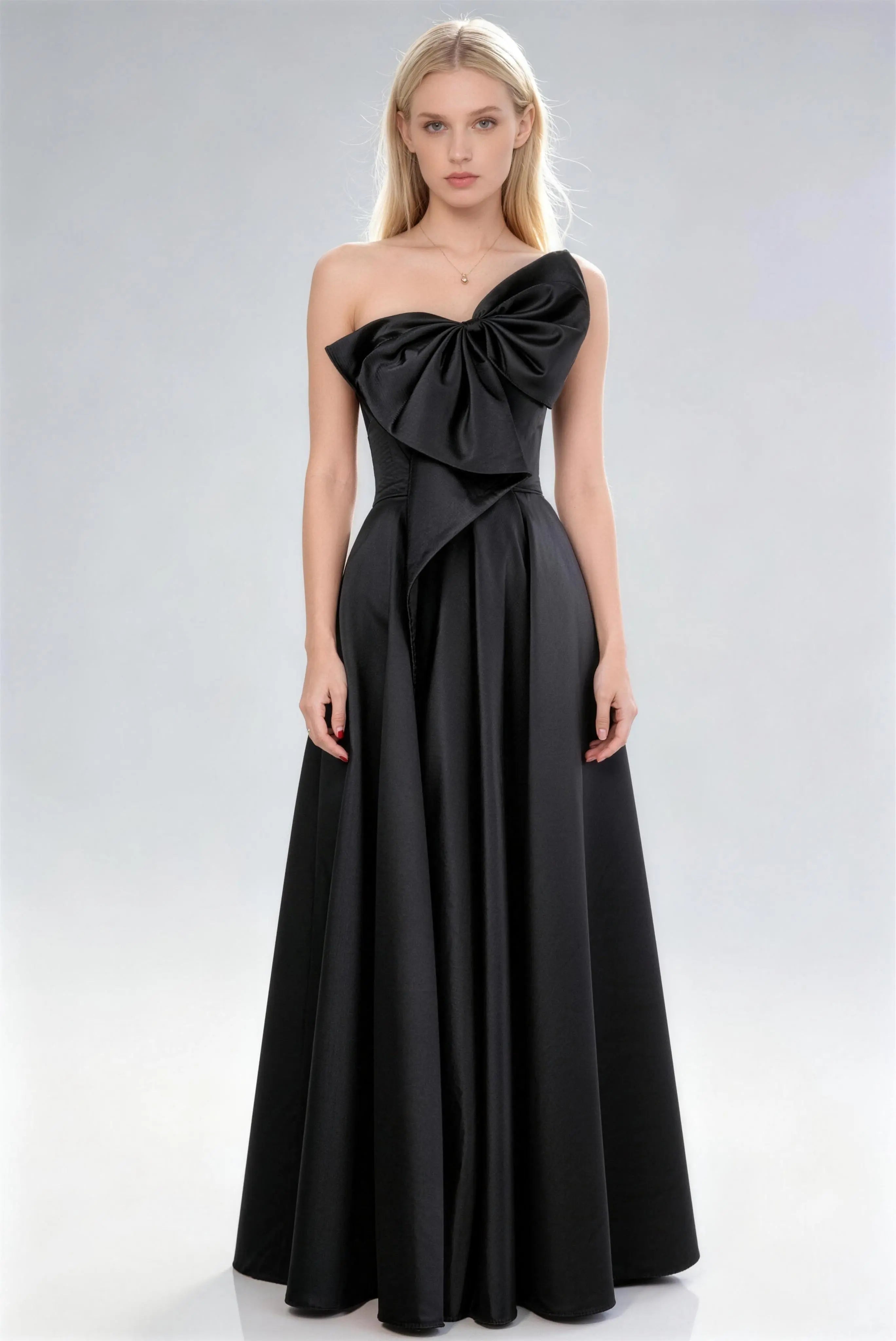Phoehua Black One‑Shoulder Oversized Bow Acetate Satin A‑Line Evening Gown, Front View Lace‑Up Back Floor‑Length Elegant Formal Wedding Guest Dress