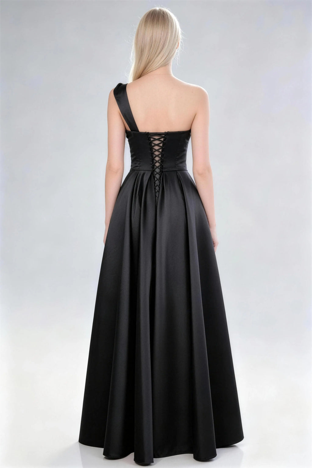 Phoehua Back View of Black One‑Shoulder Bow Satin Dress, Crisscross Lace‑Up Back A‑Line Floor‑Length Formal Evening Gown
