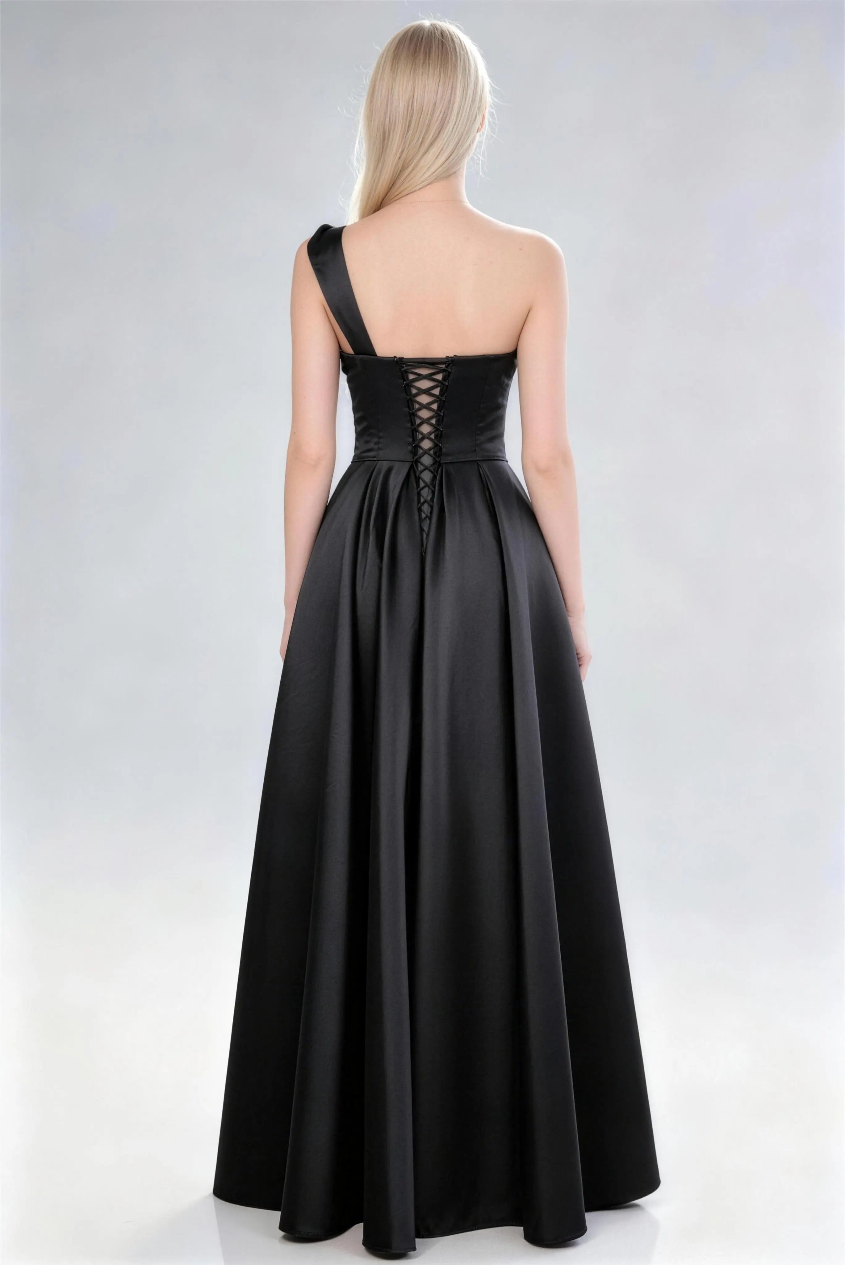 Phoehua Back View of Black One‑Shoulder Bow Satin Dress, Crisscross Lace‑Up Back A‑Line Floor‑Length Formal Evening Gown