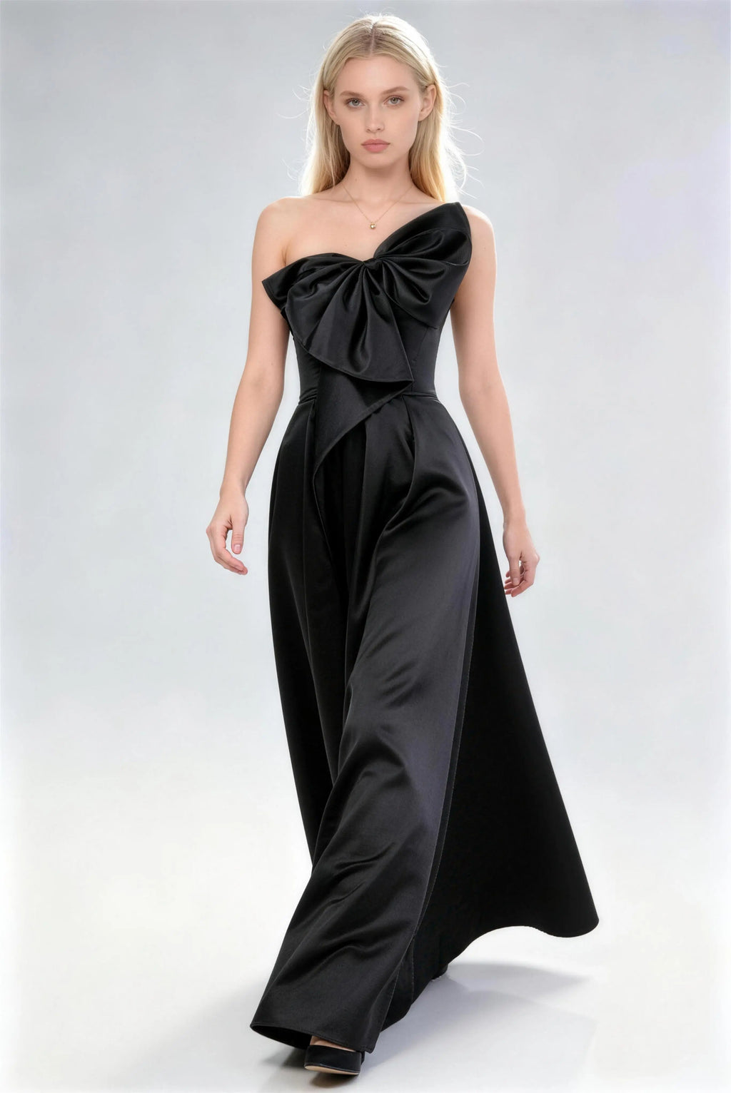 Phoehua Walking Pose of Black One‑Shoulder Oversized Bow Evening Gown, Acetate Satin A‑Line Elegant Long Formal Party Dress